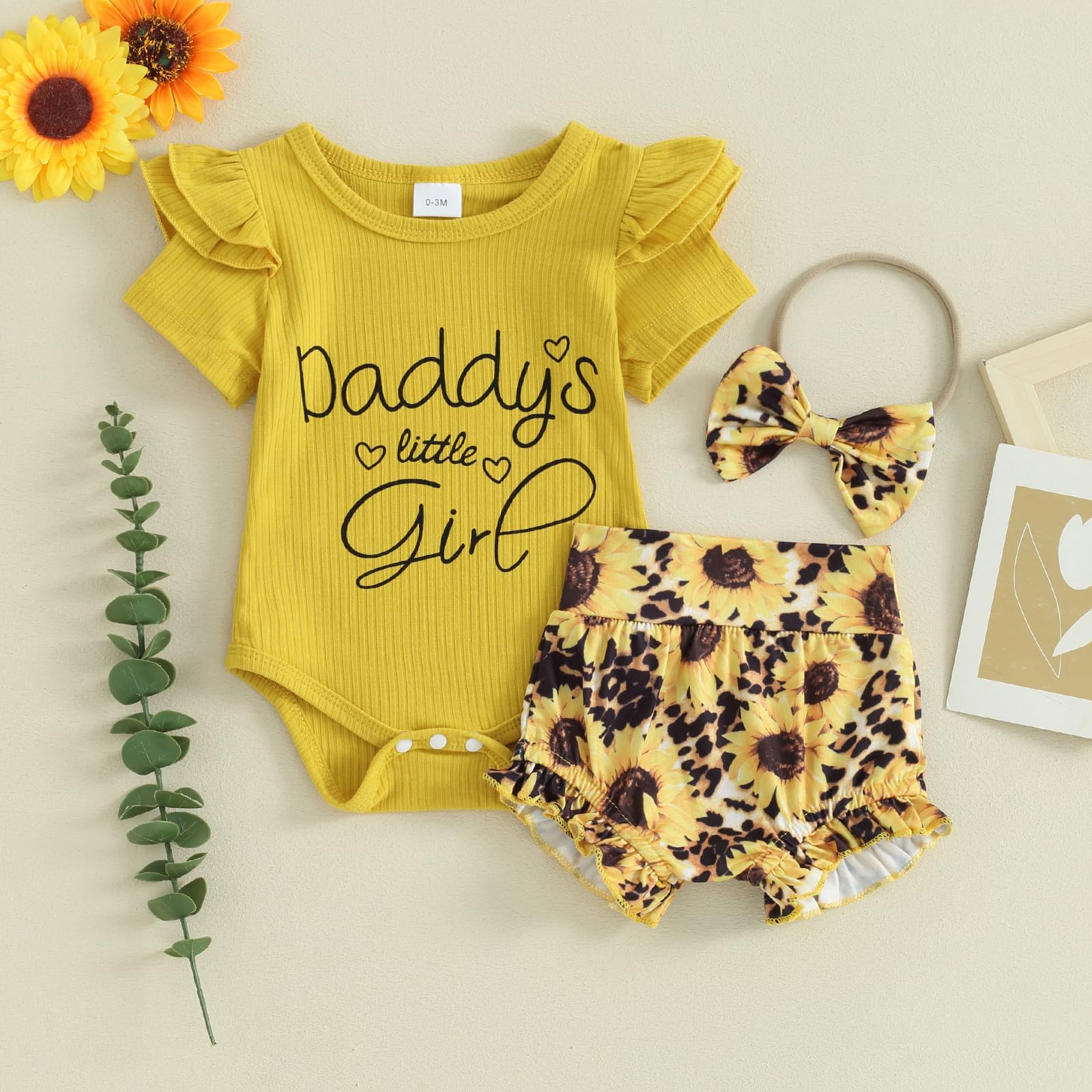 Ursobutegl Newborn Baby Girls Short Outfits Letter Ruffle Sleeve Ribbed Romper Sunflower Shorts Summer Clothing Set(Yellow-daddys little girl,0-3 Months)