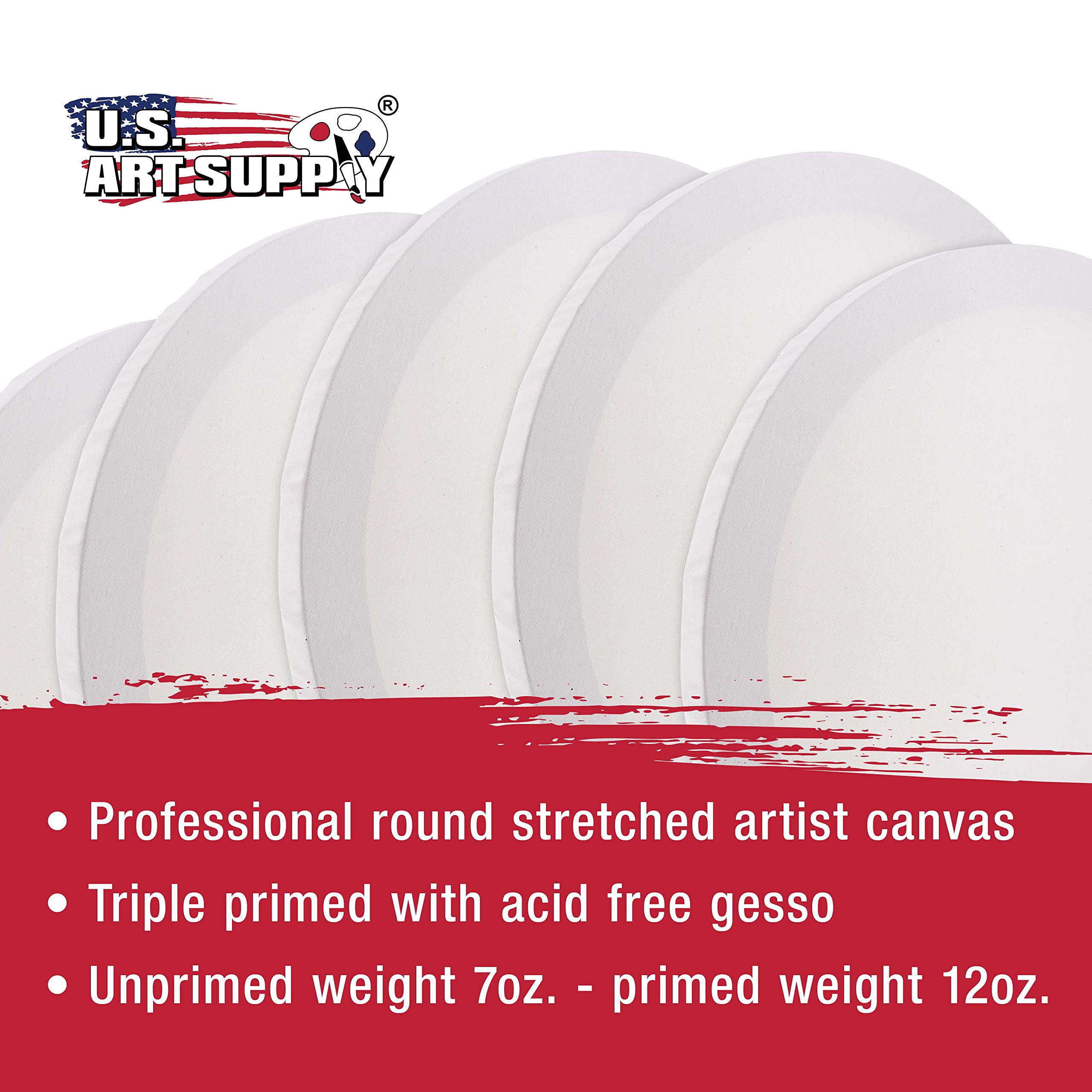U.S. Art Supply Gesso gespannte Leinwand, 30,5 cm Durchmesser, rund, 340 g, grundiert, professionelle Qualität, säurefrei, 6 Stück