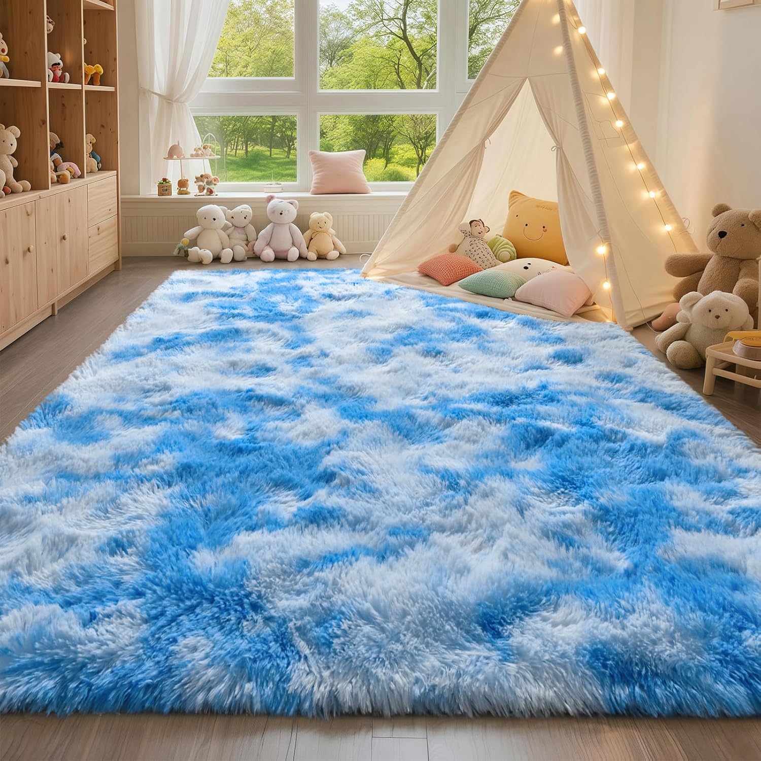 HQAYW 4x6 Area Rugs for Living Room, Blue Tie-Dyed Ultra Soft Fluffy Washable Non-Slip Rug, Plush Shaggy Modern Indoor Carpet for Kids Girls and Boys Dorms Nursery Bedroom Office Home Decor