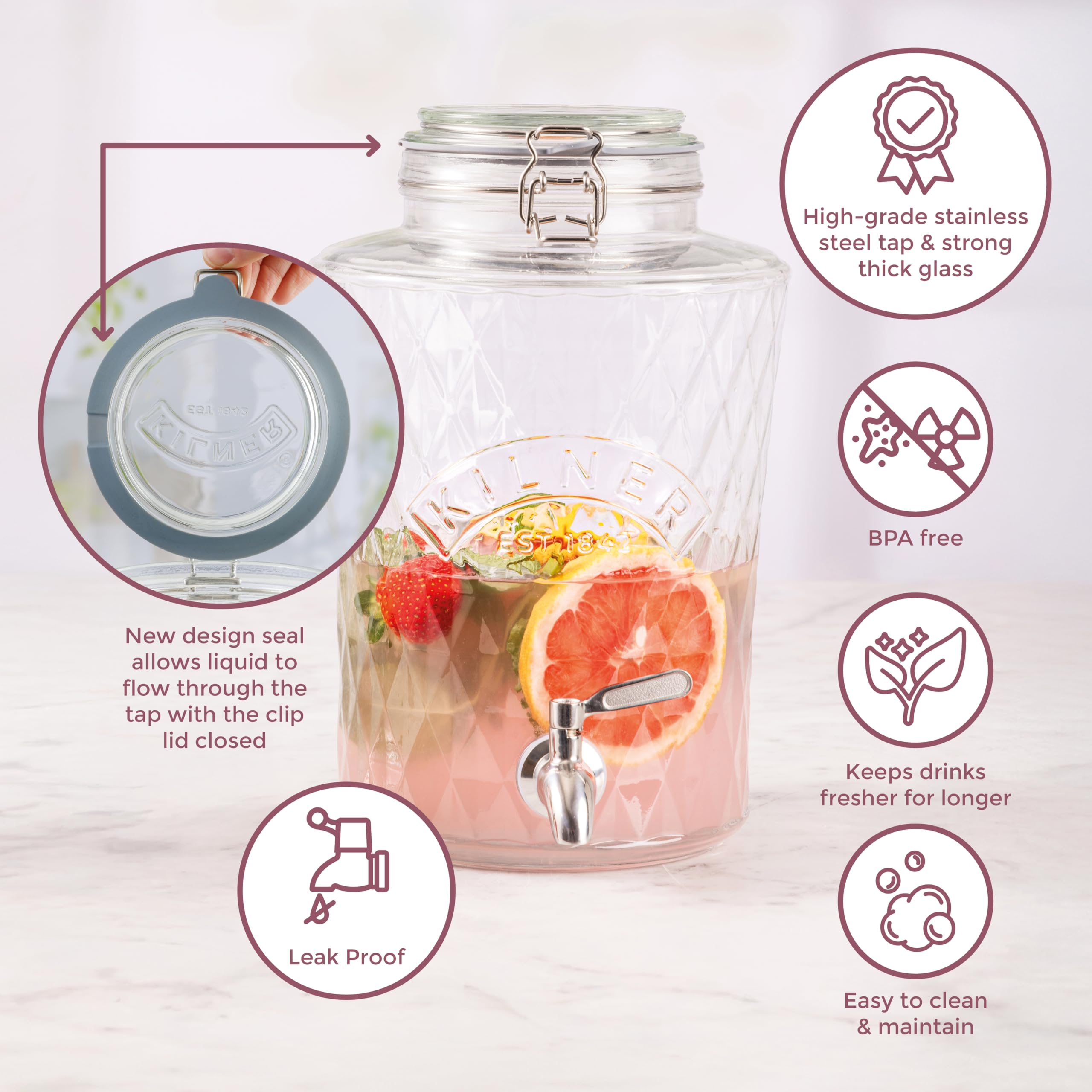 Kilner Diamond - Dispensador de bebidas de cristal de 5 litros con grifo de acero inoxidable, tapa hermética con clip y sello de silicona, ideal para zumos, cócteles y bebidas infundidas
