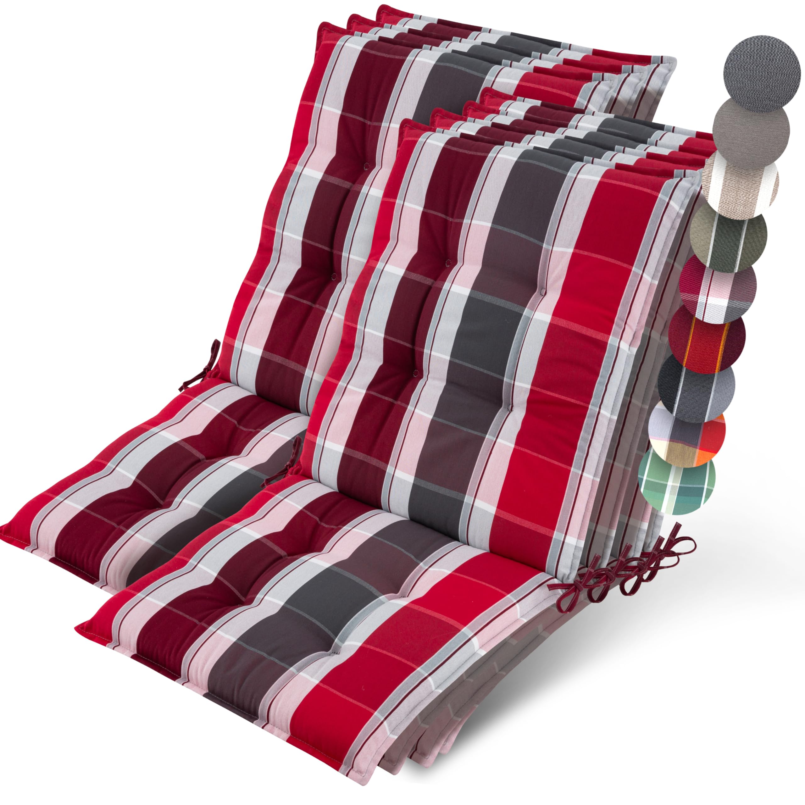 Beautissu Set of 7 Premium Outdoor Chair Cushion Low Back 100x50 cm - UV 8 cm Thick Padding Seat Cushions for Garden Chairs Non-Slip Fastening Straps - Red Anthracite - Sun-HL