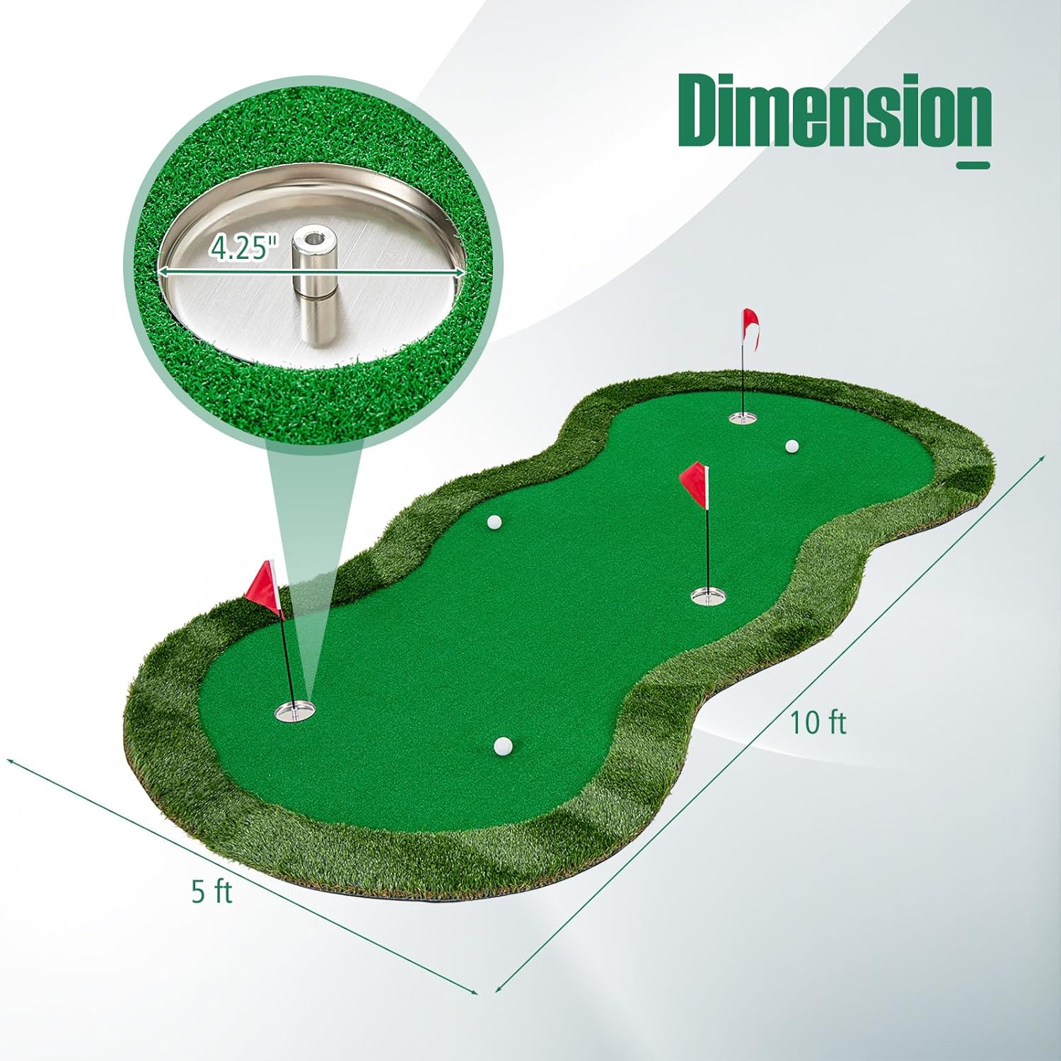 ULTIMATE 10FT Golf Putting Green, Realistic Feel Turf, w/ 3 Holes, 3 Flags & Cups, Golf Training Mat for Putting Practice Indoor Outdoor