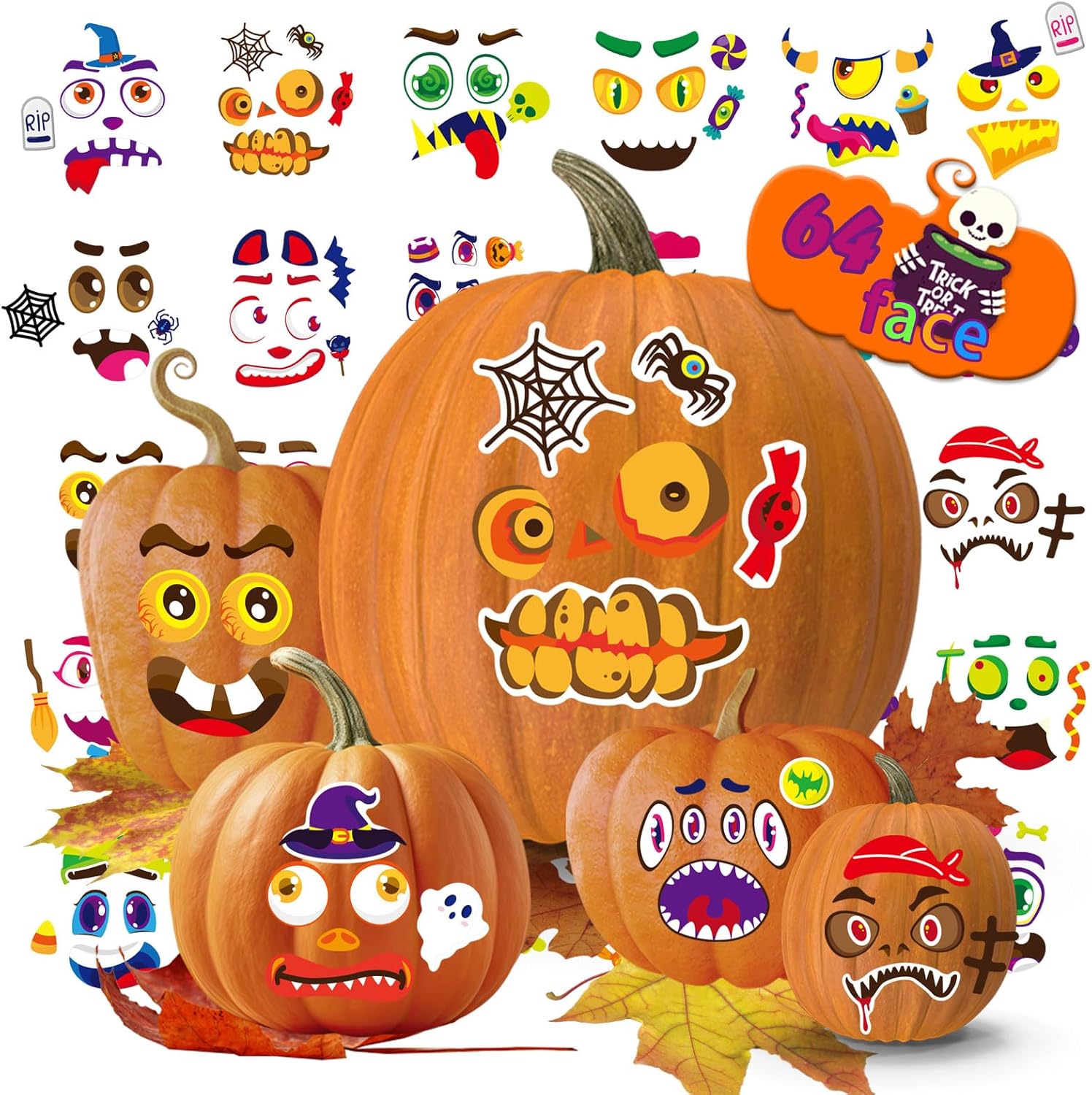64 Pack Halloween Pumpkin Decorating Kit, Make 64 Funny Face Pumpkin Face Stickers for Kids, Pumpkin Painting Kit, Jack o Lantern Face Stickers Halloween Party Favors
