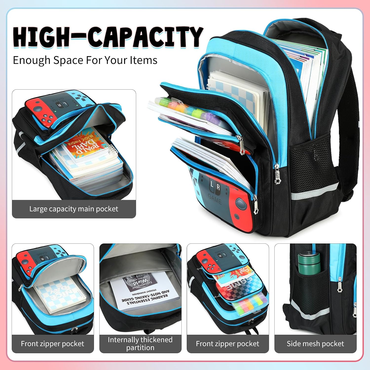 School Backpack For Boys bookbag Game Backpack For Kids Junior High School Primary School Boys Backpack (Blue&red) image 4