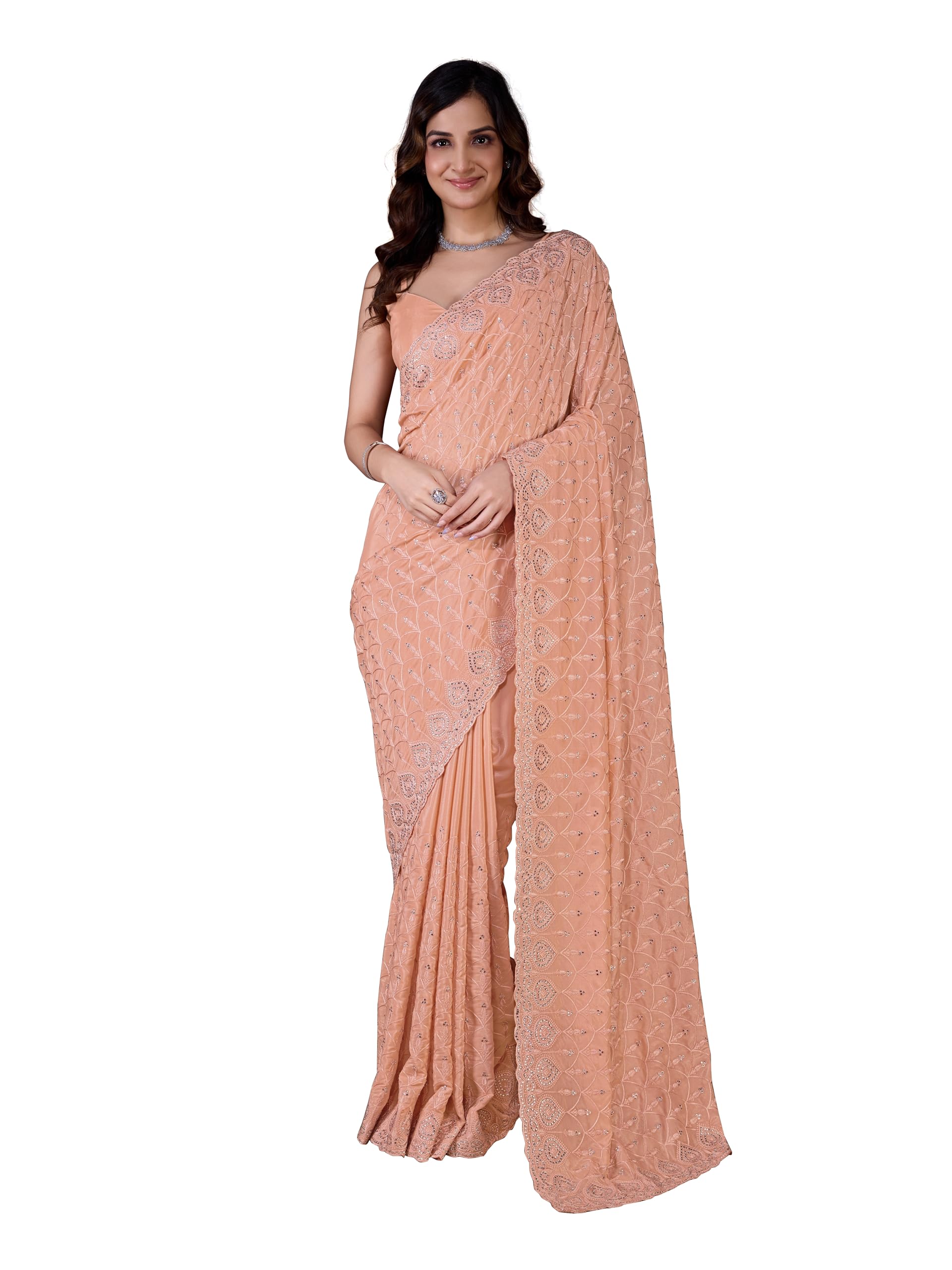 trendmalls Women's Silk Embroidery Zarkan Work Saree with Unstitch Blouse Piece (K1129-Orange)-picture-14