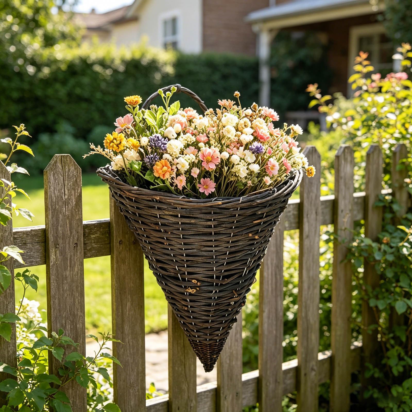 Fioriera sospesa da parete in rattan, conica, da appendere, semicircolare, per interni ed esterni, decorazione per fiori (marrone scuro, 35 x 30 cm, 2 pezzi)