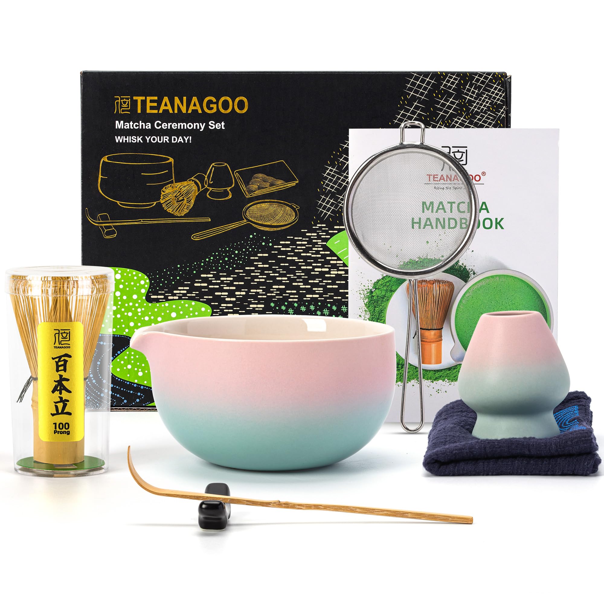 TEANAGOO Tea Set (7 Pieces) Matcha Whisk Set Matcha Bowl with Spout Bamboo Matcha Whisk (Tea Tea) Scoop Matcha Holder Tea Making Kit.N11, Green Grident Pink