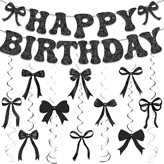25 Pcs Black Bow Birthday Party Decorations Glitter Happy Birthday Banner Garland Black Hanging Swirls Bow Themed Party Decor Streamers for Girls Women Bday Baby Shower Bachelorette Party Supplies