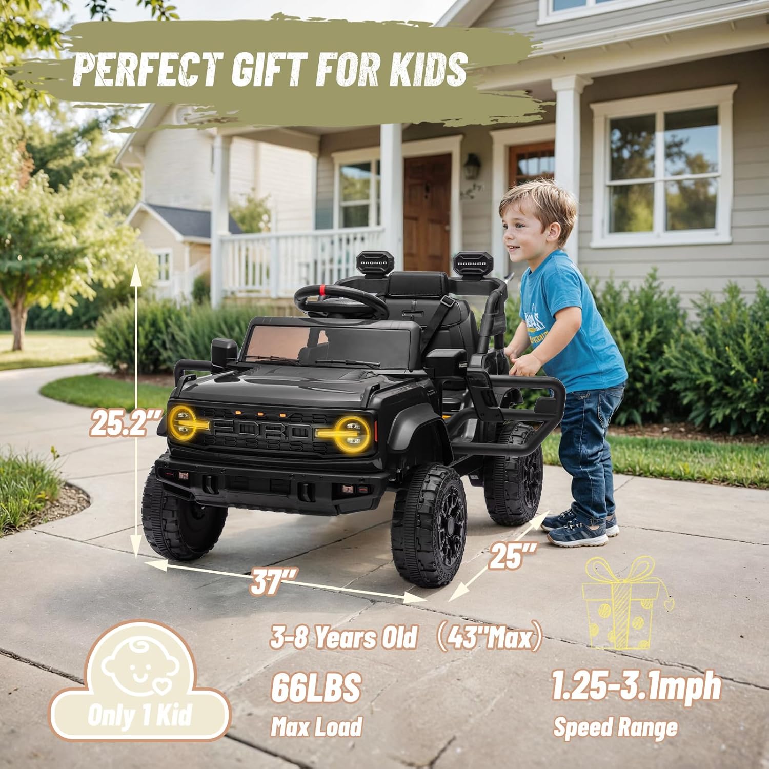YOFE 12V Ride on Toy for Kids, Ford Bronco Raptor Kids Electric Car with Parent Remote Control, Battery Powered Truck Car with 4-Wheel Suspension, LED Light, Bluetooth, 3 Speeds (12V, Black)
