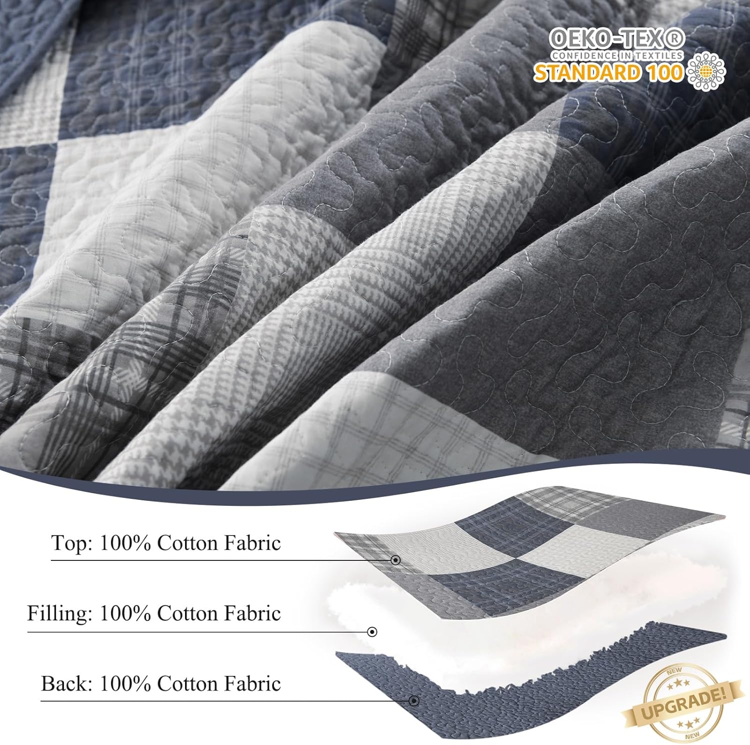 Quilts King Size - Plaid Design Modern Quilt Set with Matching Shams, 3 Pieces 100% Cotton King Quilt Bedding Set, Reversible Bedspread Coverlet for All Season, Dusty Blue/Gray/Ivory