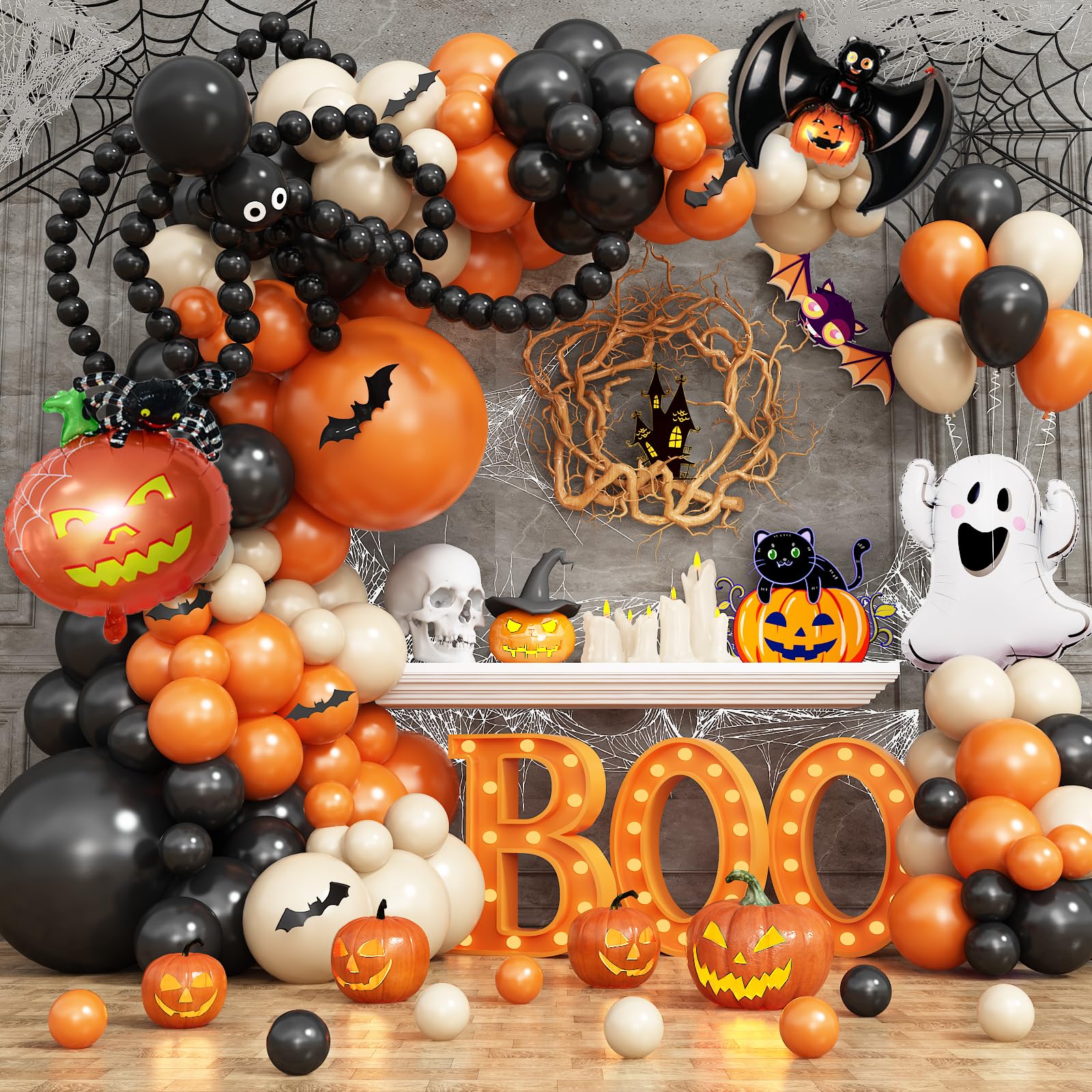 Halloween Balloons Arch Kit, Halloween Party Decorations Garland, Dark Orange Sand White and Black Latex Balloon Set with Foil Pumpkin Helium Balloons 3D Bat Sticker for Indoor Outdoor Party Supplies