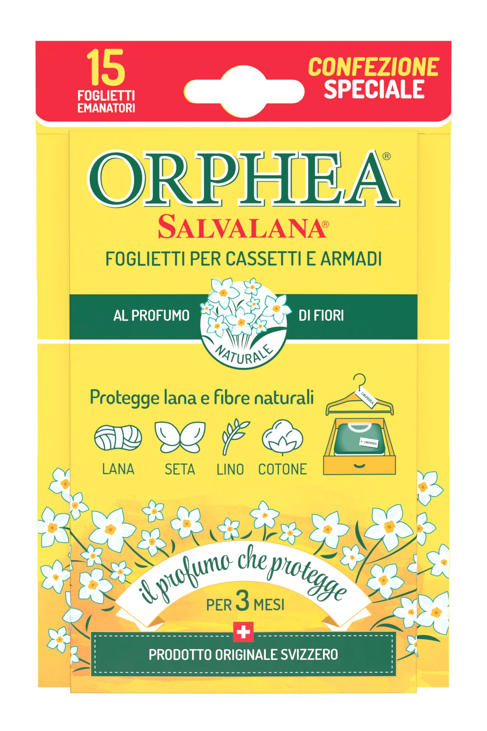 Orphea Salvalana, Foglietti per Cassetti e Armadi, Protegge Lana e Vestiti Tutta la Stagione, Profumo di Fiori, agisce per 12 settimane - 15 Foglietti Emanatori