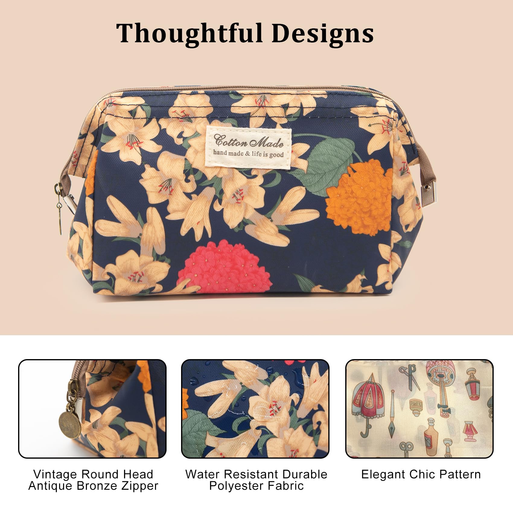 Long Keeper Travel Makeup Bag Floral Wide-Open Beauty Cosmetic Bags for Women Make Up Organiser Bag Toiletries & Beauty Essentials Waterproof Wash Bags (Navy Blue Base Lily) - Image 4