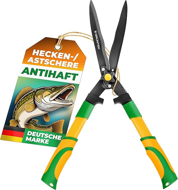 GRÜNTEK GRÜNTEK Heckenschere 560 mm HECHT – Gartenschere SK5-Klinge Wellenschliff Teflonbeschichtet | Bypass Präzisionsklinge 214 mm | Heckenschere manuell, Strauchschere Hecken Sträucher Formschnitt — Heckenscheren