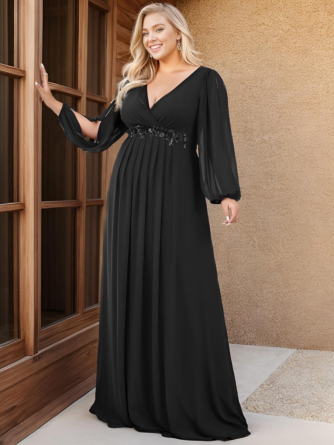 Ever-Pretty V Neck Long Sleeves Applique Chiffon Plus Size Long Ball Gown Formal Evening Dress for Women - Image 3