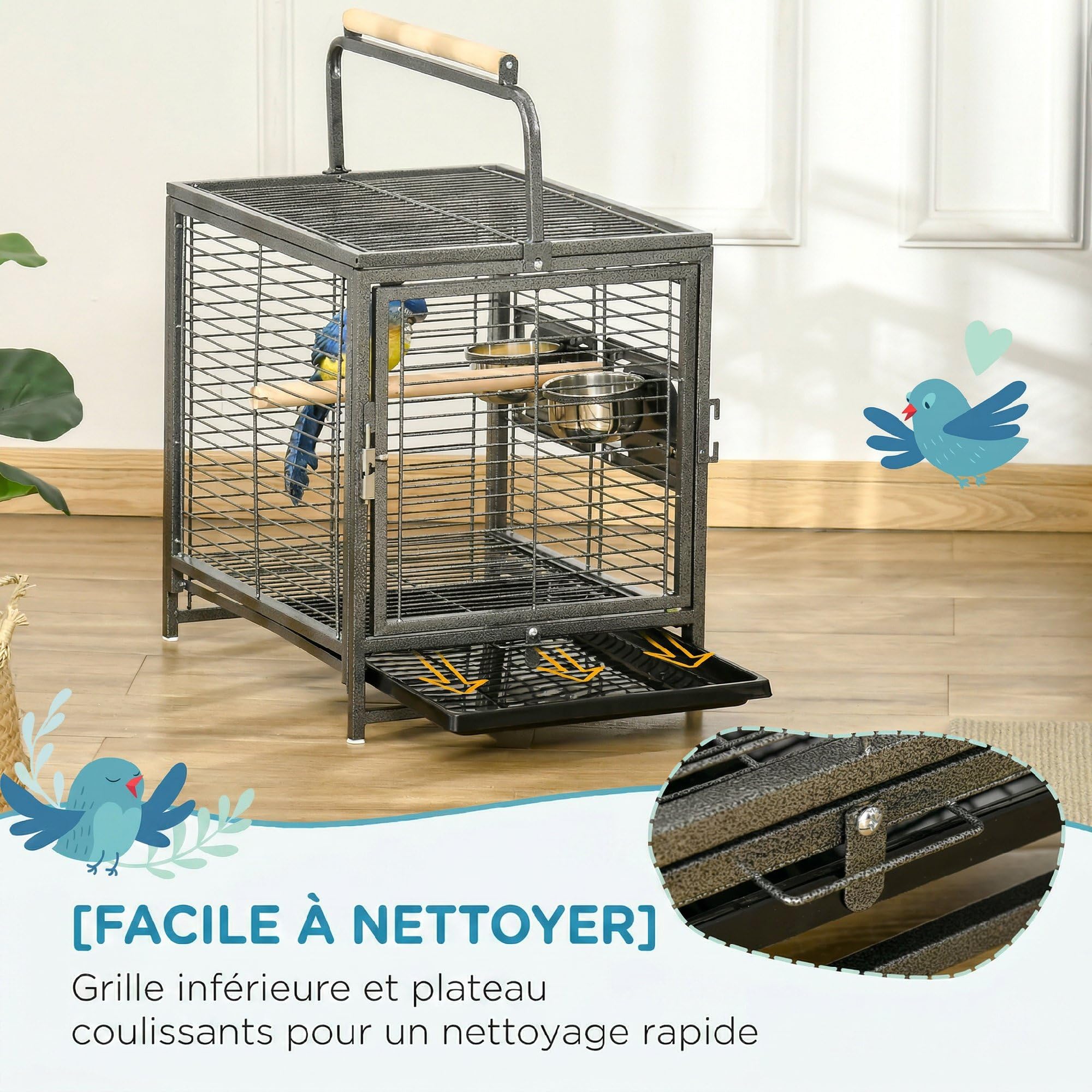PawHut Cage de Transport en Acier pour Perroquets avec 2 Bols en Acier Inoxydable, 2 Perchoirs en Bois, Plateau Amovible, Noir