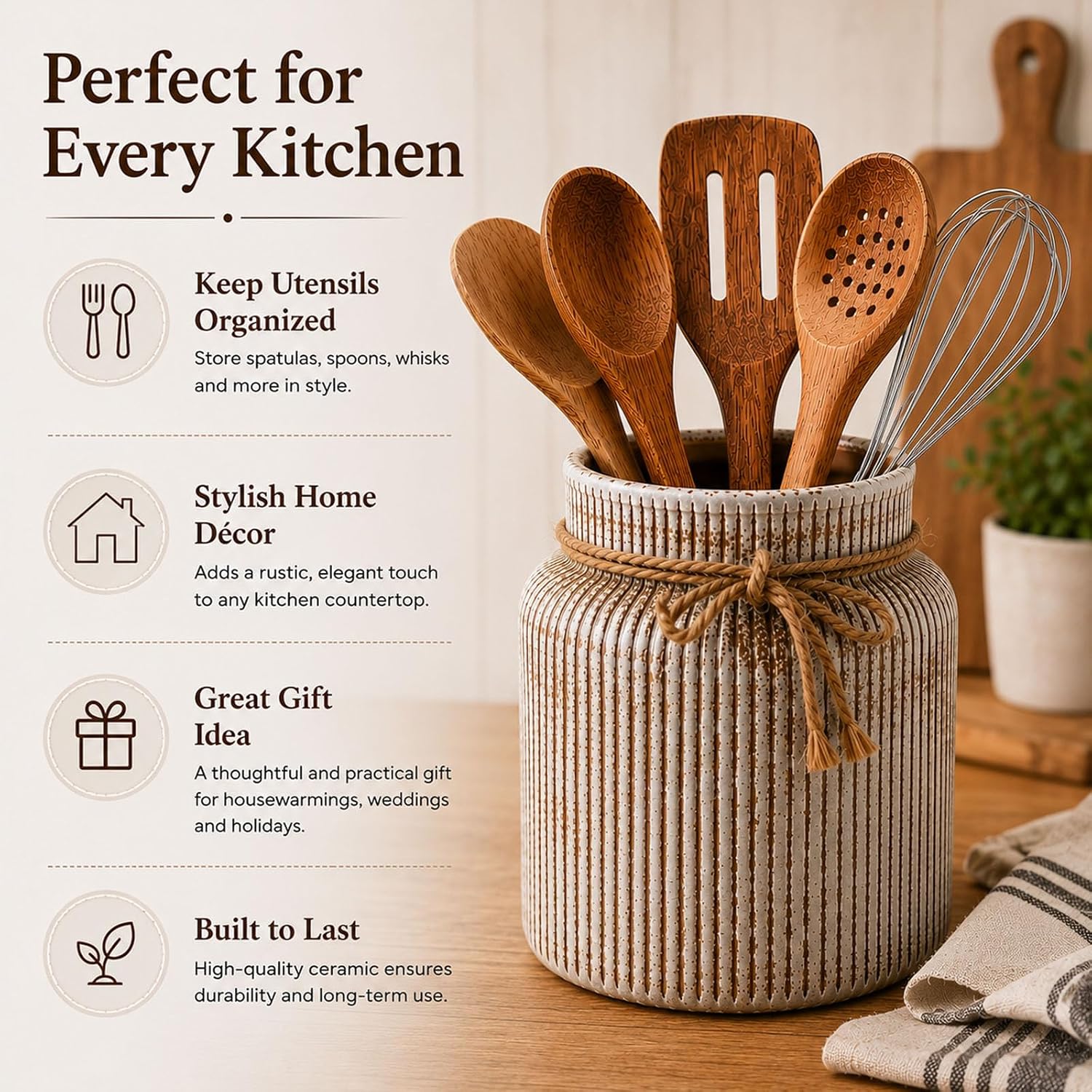 Farmhouse Ceramic Kitchen Utensil Holder for Countertop,Retro Country-Style Vertical-Striped Hemp Rope Design,Modern Kitchen Counter Organizer for Cooking Utensils ,Kitchen Decor & Decorative Vase