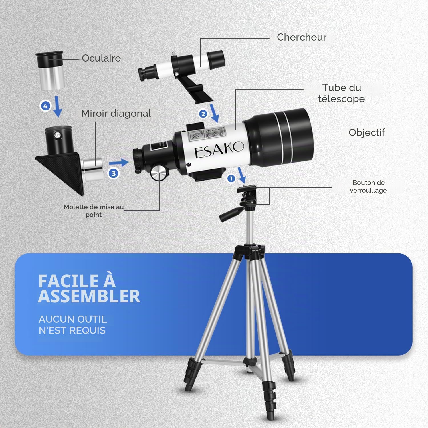 ESAKO Télescope Portable pour Enfants et débutants, Ouverture de 70 mm avec 3 oculaires, trépied réglable en Hauteur, Adaptateur de téléphone et télécommande, Cadeau de Noël