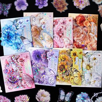 60 Pcs/Pack Crimson Butterfly Dance PET Stickers for Scrapbooking Kit Waterproof Clear Sticker Junk Journaling Supplies Journals Diary Planner Collage Laptop Paper Crafts