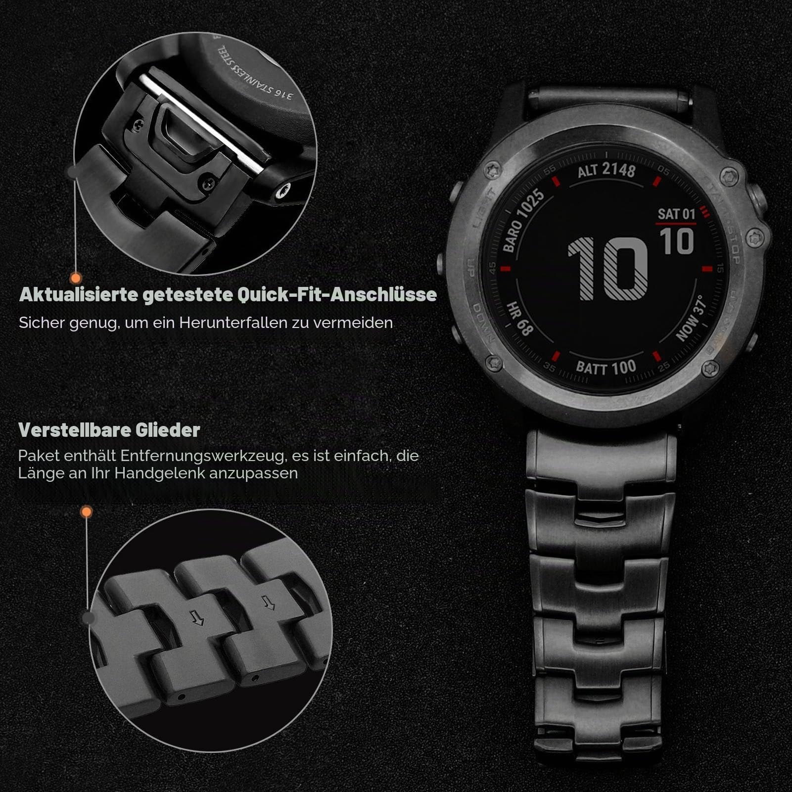 YOOSIDE für Fenix 7X / Fenix 6X / Fenix 5X / Enduro Titan Armband, QuickFit 26mm Verstellbares Metall armband mit Edelstahlschnalle für Garmin Fenix 6X Pro/Sapphire/Solar,Fenix 3,Schwarz