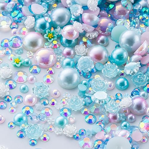 Miniatura 27 de 60g de perlas blancas de parte trasera plana con diamantes de imitación para manualidades, tamaño mixto de 3mm-10mm, color AB, redondas, mitad