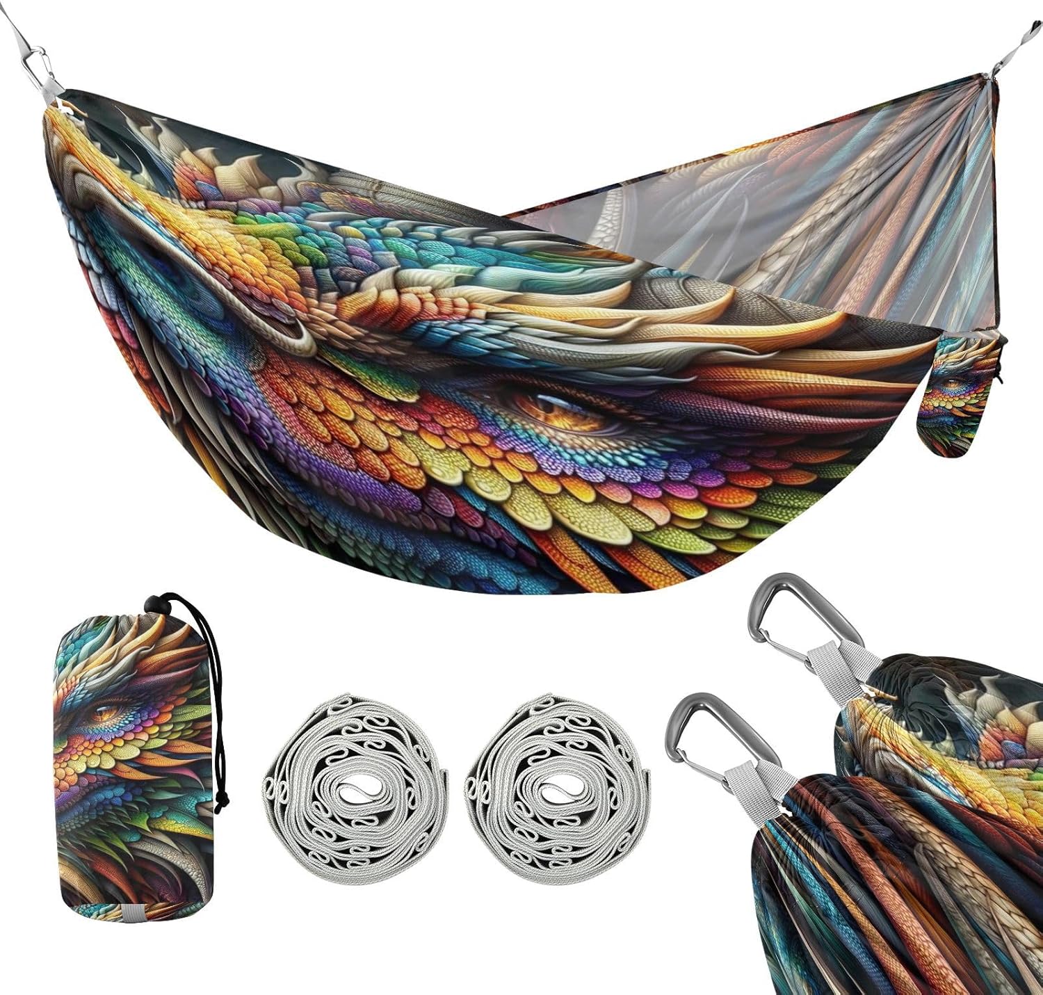 ALAZA Rainbow Dragon Portrait Camping Hammocks Single or 2 Person 500 lbs Portable Parachute Travel Hammock w/Tree Straps for Hiking Backpacking Indoor Outdoor