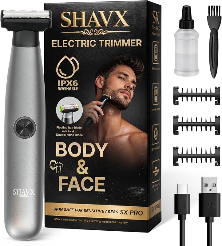Aparador elétrico SHAVX para barba e pelos corporais, com 3 pentes, IPX6 e carregamento USB-C