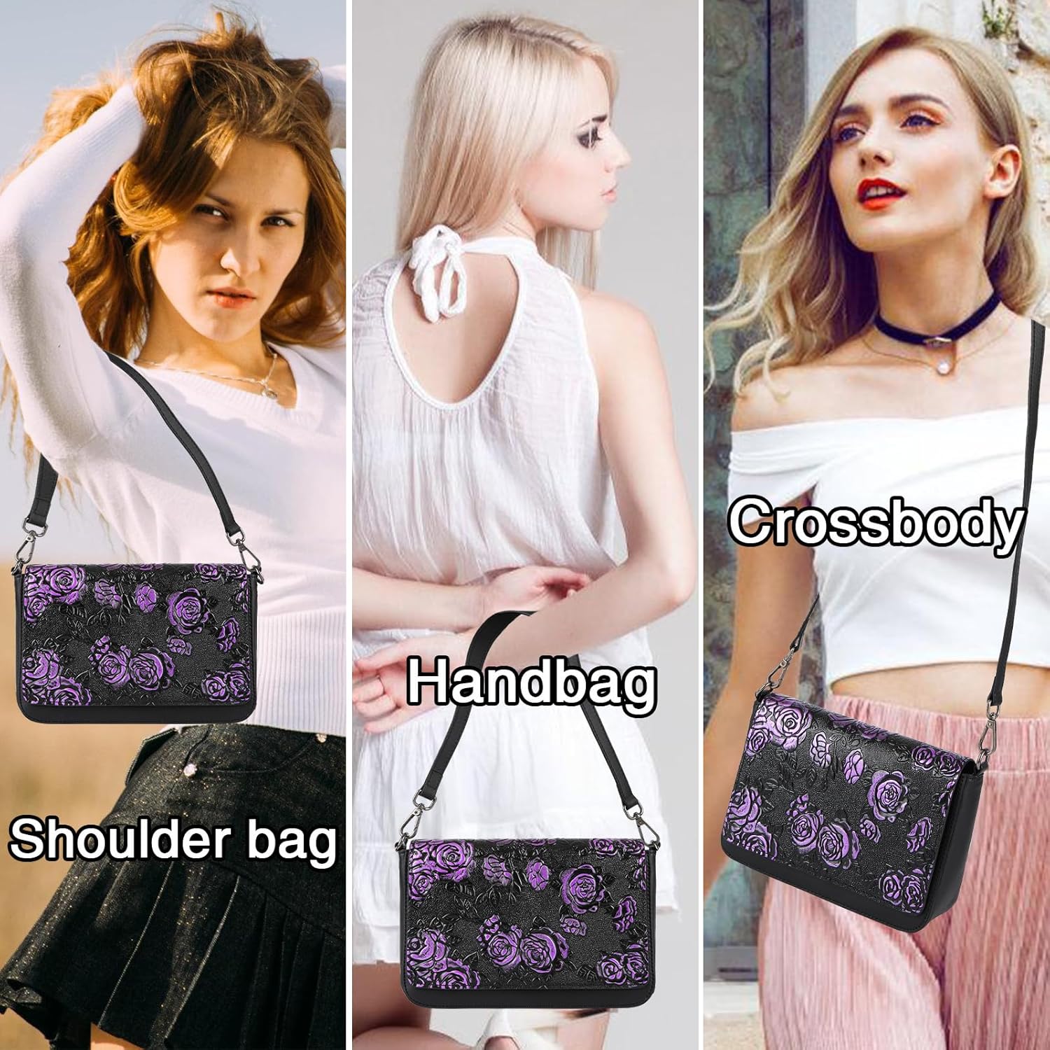 Genuine Leather Crossbody Bags for Women Shoulder Bags with 2 Detachable Straps (5591-rose purple) - Image 2