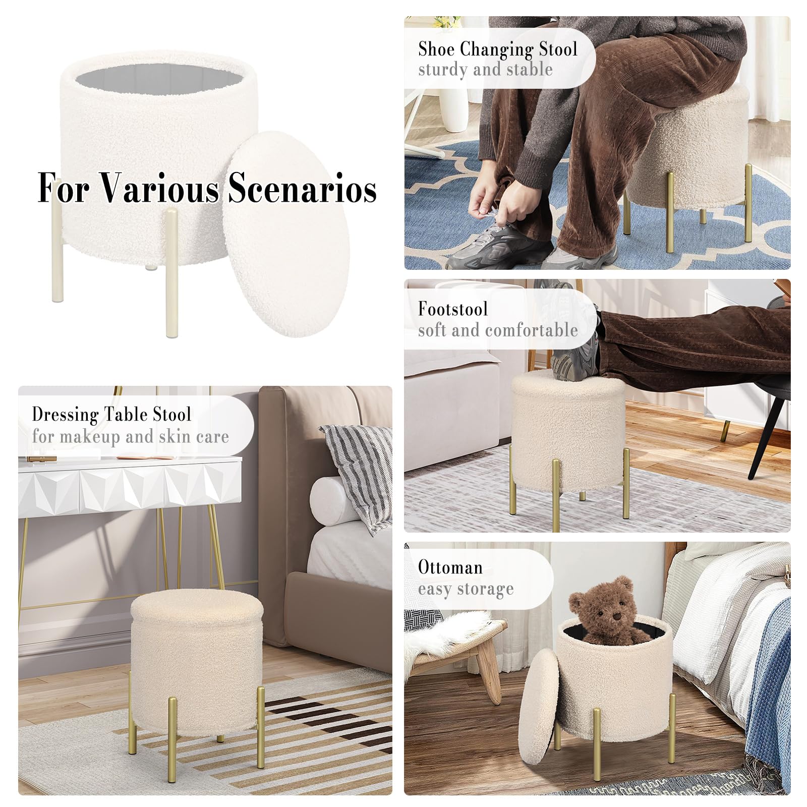 eSituro Taburete Almacenaje Redondo, 18L Baul Almacenaje Plegable con Asiento Tapizado en Felpa, Taburete Bajo con Almacenamieto, Reposapiés de Sofá y Cama, Patas de Metal, φ35x H41 cm, Beige