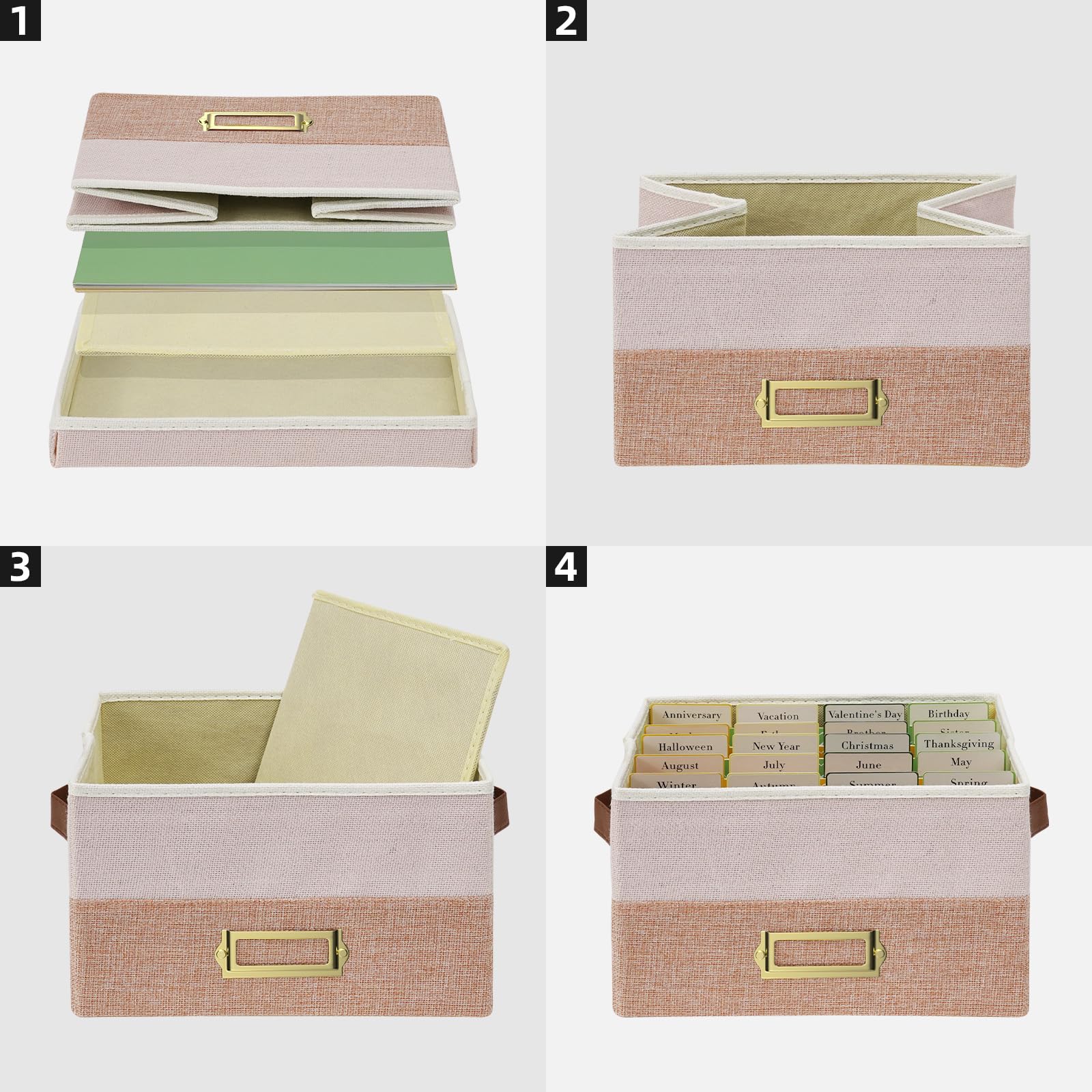 Vienrose Greeting Card Organizer Box with 20 Removable Dividers, 84 Labels, Large Capacity Foldable Storage Box for Photos, Postcards, Stickers & Keepsakes, Portable Linen Organizer, Pink&Lotus