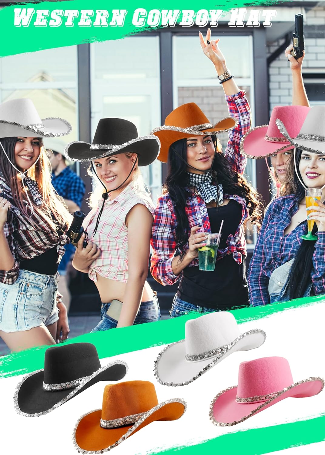 4 Pack Adult Sequin Cowboy Hat Western Cowgirl Hat Texan Country Cowboy Hatsfor Women Fancy Dress Accessory - Image 4