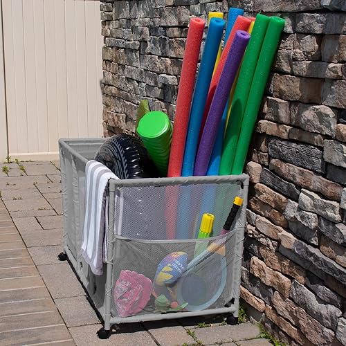 Miniatura 9 de Pool Bins Soporte para fideos de piscina, juguetes, bolas, flotadores y equipos, cubo organizador de almacenamiento de malla, altura para niños,