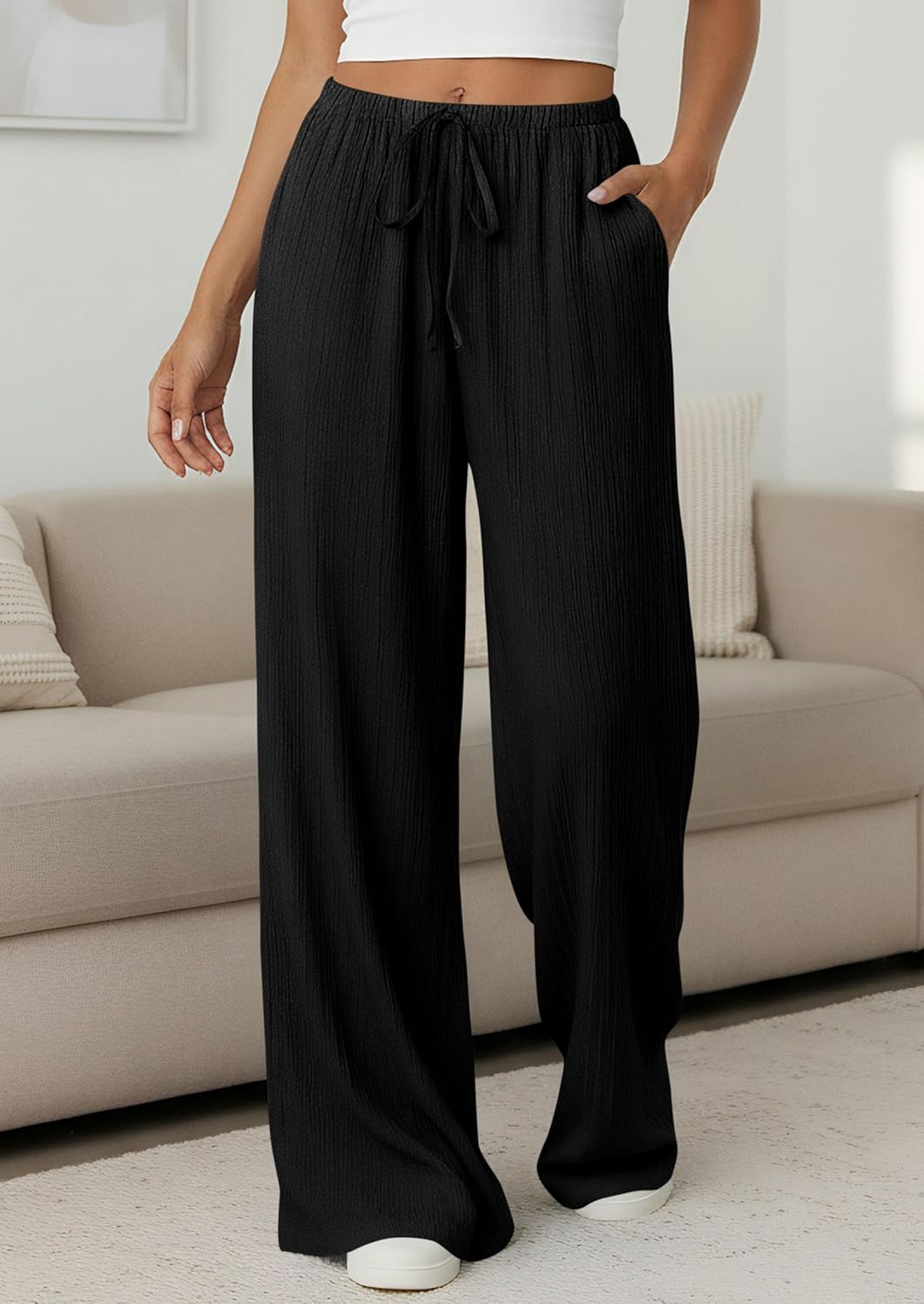 PRETTYGARDEN Womens Palazzo Pants Summer Fashion 2026 High Waisted Wide Leg Drawstring Flowy Beach Trousers with Pockets - Image 3