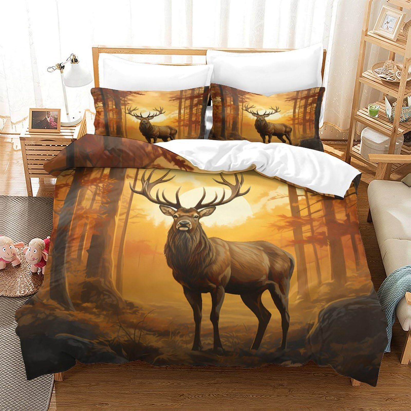 Cervo Silvestre Copripiumino 3D Stampato Microfibra Morbida Arredo Camera Set Biancheria Coppia Animali Foresta Traspirante per Adulti Giovani Super king（260x220cm）