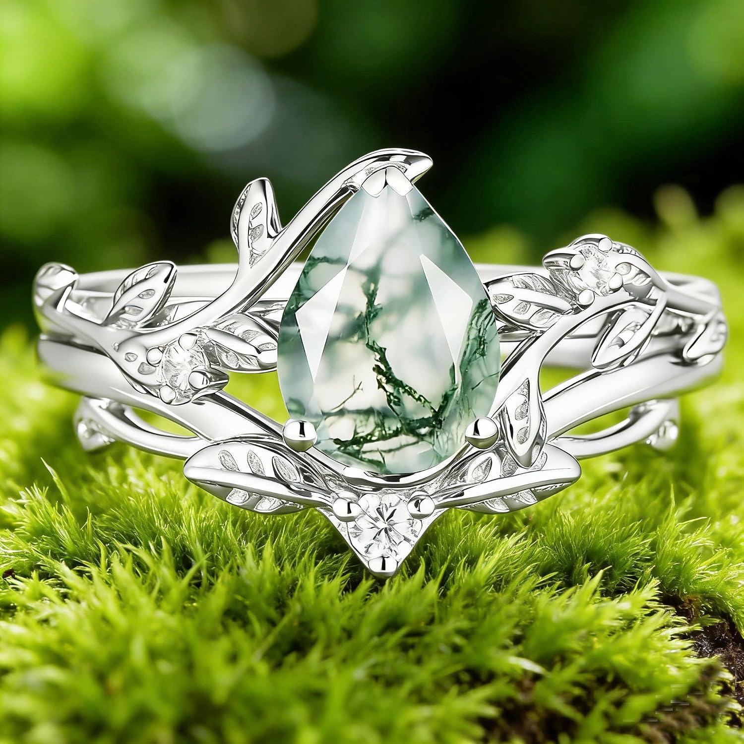 Natural Moss Agate Engagement Ring for Women 925 Sterling Silver Bridal Ring Set Kite Cut Moss Agate Wedding Ring Set Promise Rings Set for Her
