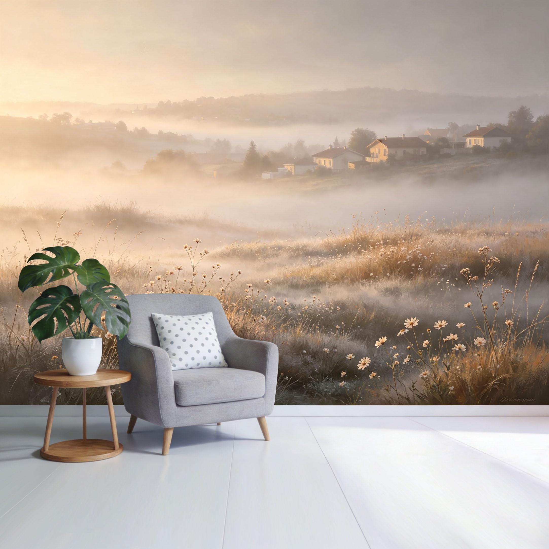 Custom Size Wall Mural Misty Countryside Landscape Wildflower Meadow Sunrise Farmhouse Style SelfAdhesive Wall Fabric Removable Wallpaper for Home Office Decor