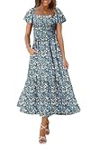 Summer Dresses for Women Square Neck Ruffle Sleeve Smocked Maxi Dress with Pockets