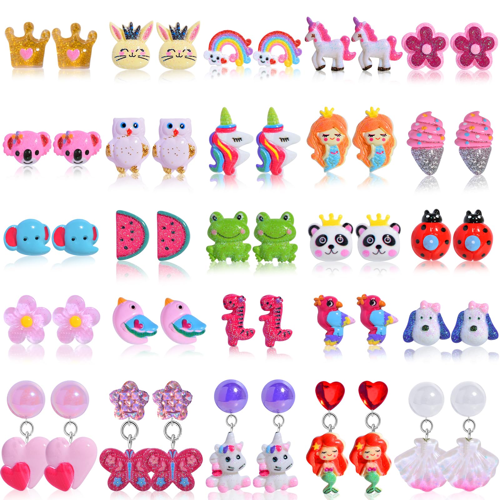 ZPMYi Kids Clip On Earrings for Girls, 25 Pairs Hypoallergenic Girls Earrings for Kids Ages 4-12, Cute Animal Clip On Earrings for Little Girls with No Ear Holes Set Mixcolor, Small
