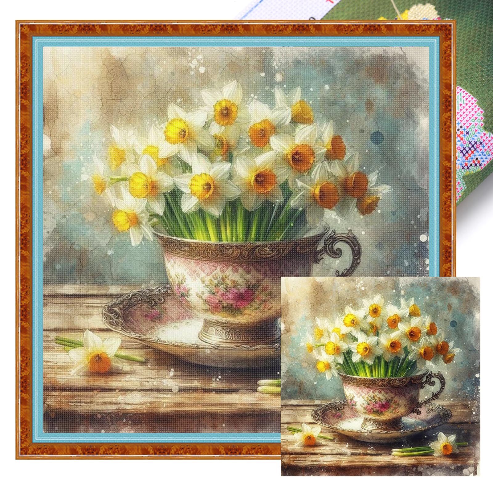 Poetrydraw 11Ctacc-12167__C__40x40 Teacup Flowers Full 11Ct Diy Stamped Cross Stitch Kits 40X40cm For Beginners (11Ctacc-12167 C 40X40)