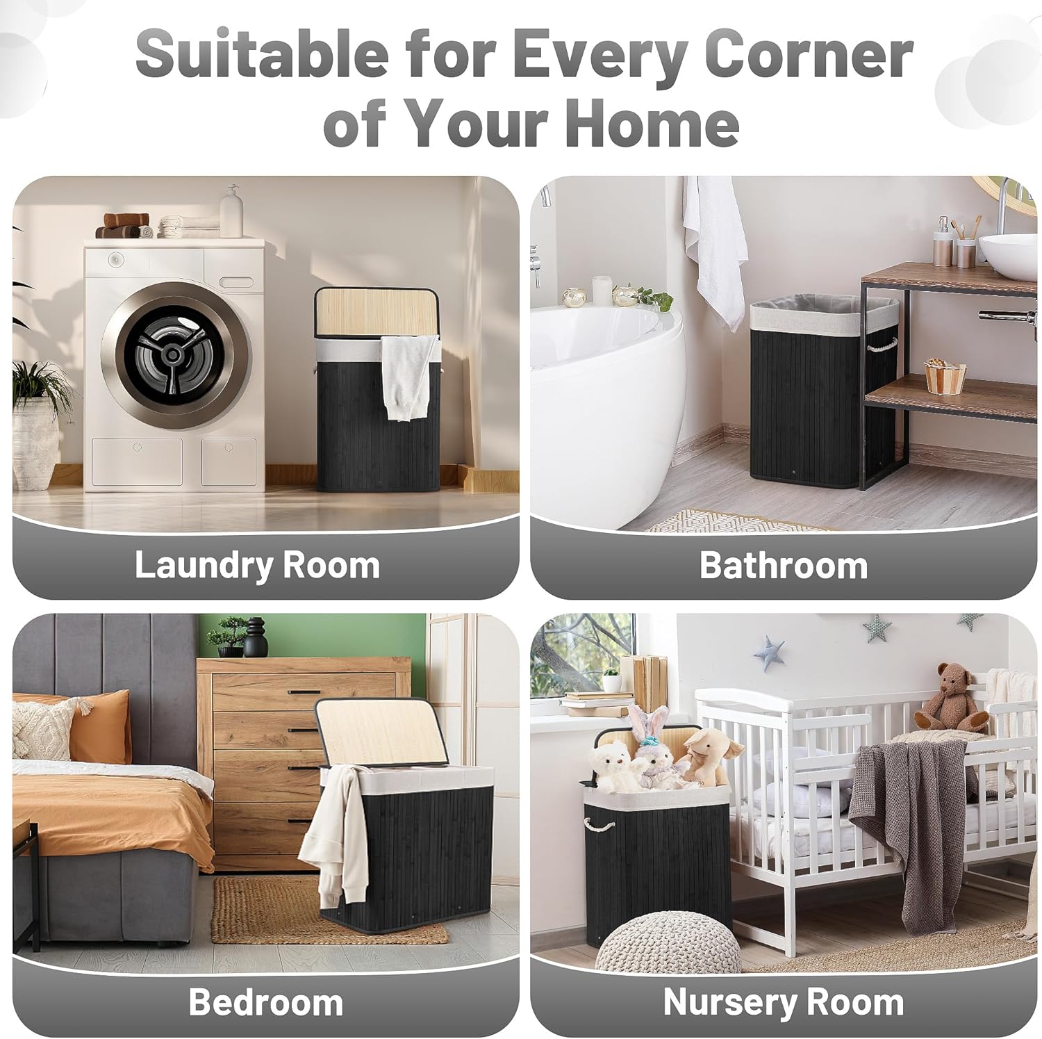 72L Slim Laundry Hamper with Lid, Foldable Bamboo Clothes Laundry Basket with Handles, Removable and Machine Washable Liner, for Bedroom, Bathroom, Dorm, Ink Black