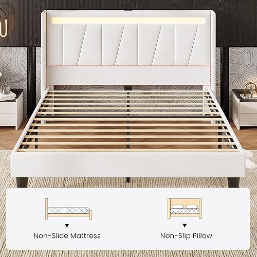 Miniatura 3 de SHA CERLIN Base de cama de tamaño matrimonial con estación de carga y luces LED, cama moderna de plataforma de terciopelo con cabecera tapizada