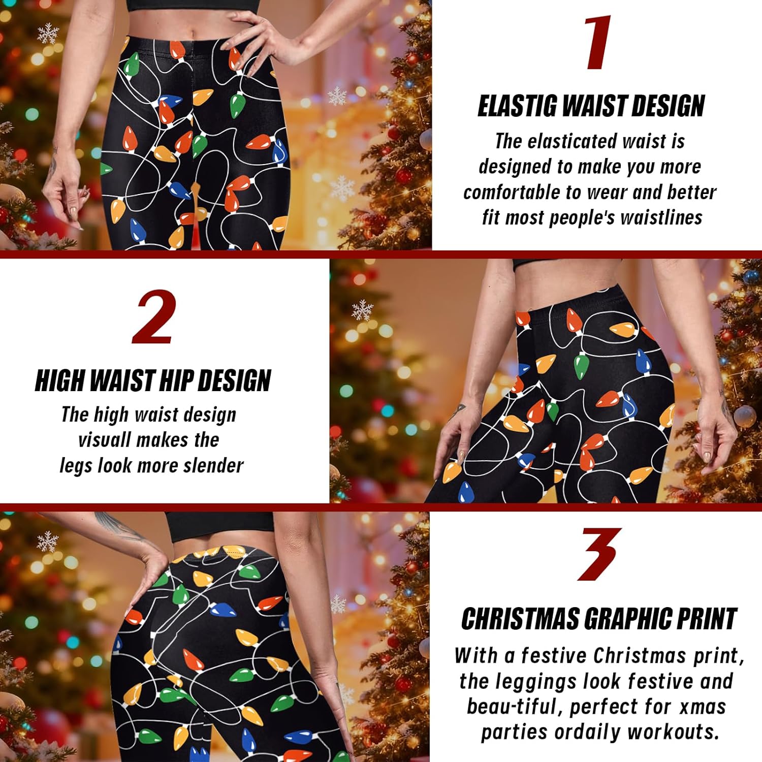 Eciodci Women's Ugly Christmas Leggings 3D Printed Xmas Lights Reindeer Snowflake High Waist Stretchy Tight Pants for Women - Image 6