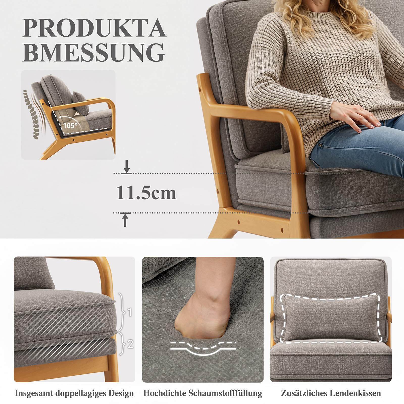 COLAMY Sessel Wohnzimmer Mid-Century Modern 2er Set, Loungesessel mit Lendenkissen, Massivholzrahmen & weichem Polster, bequemer Lesesessel für Wohnzimmer und Schlafzimmer, grau