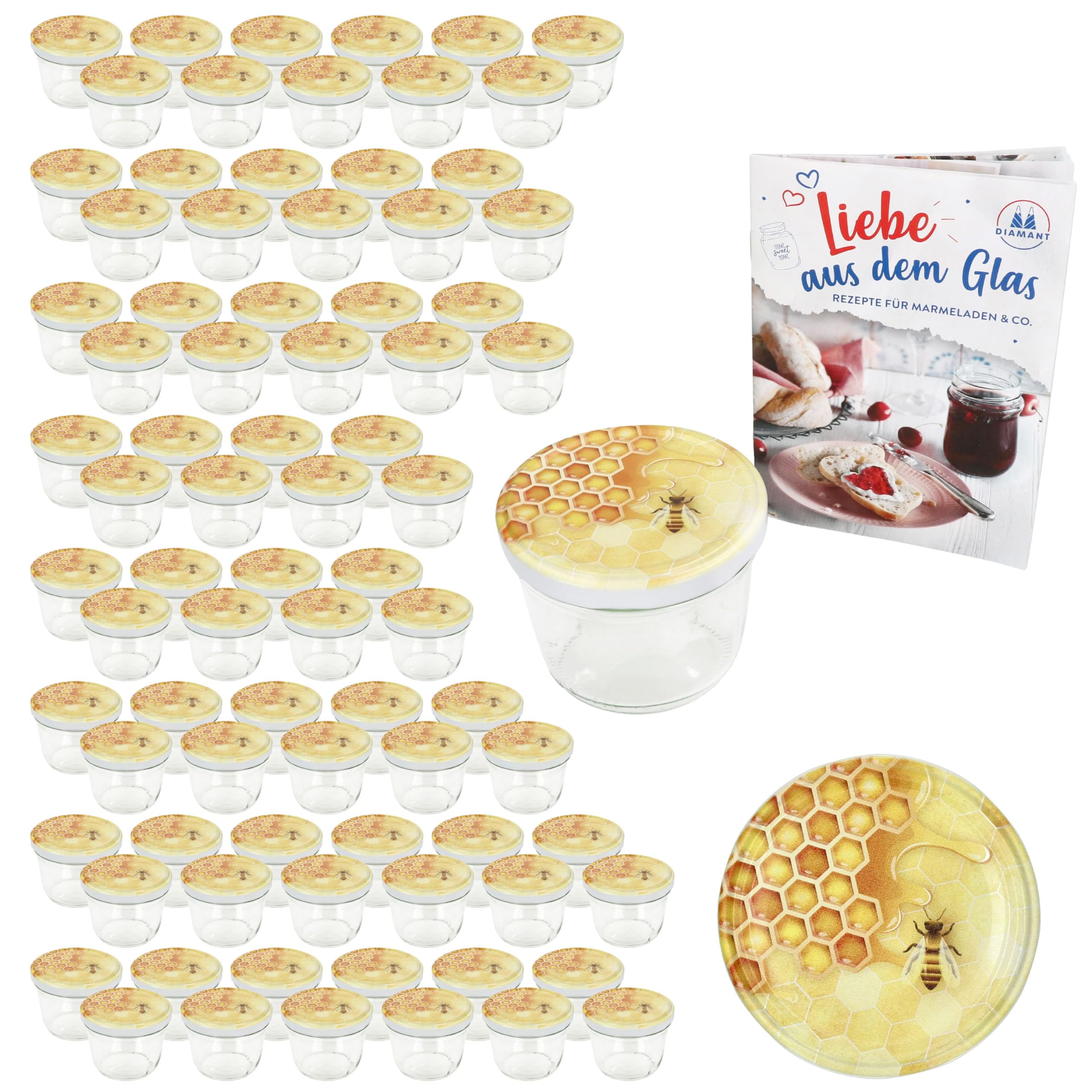 MamboCat 100er Set Sturzglas 230 ml mit Schraub-Deckel Honig I Einmachgläser + to 82 Deckel mit Diamant-Zucker-Rezept I Vorratsgläser einkochen & konservieren