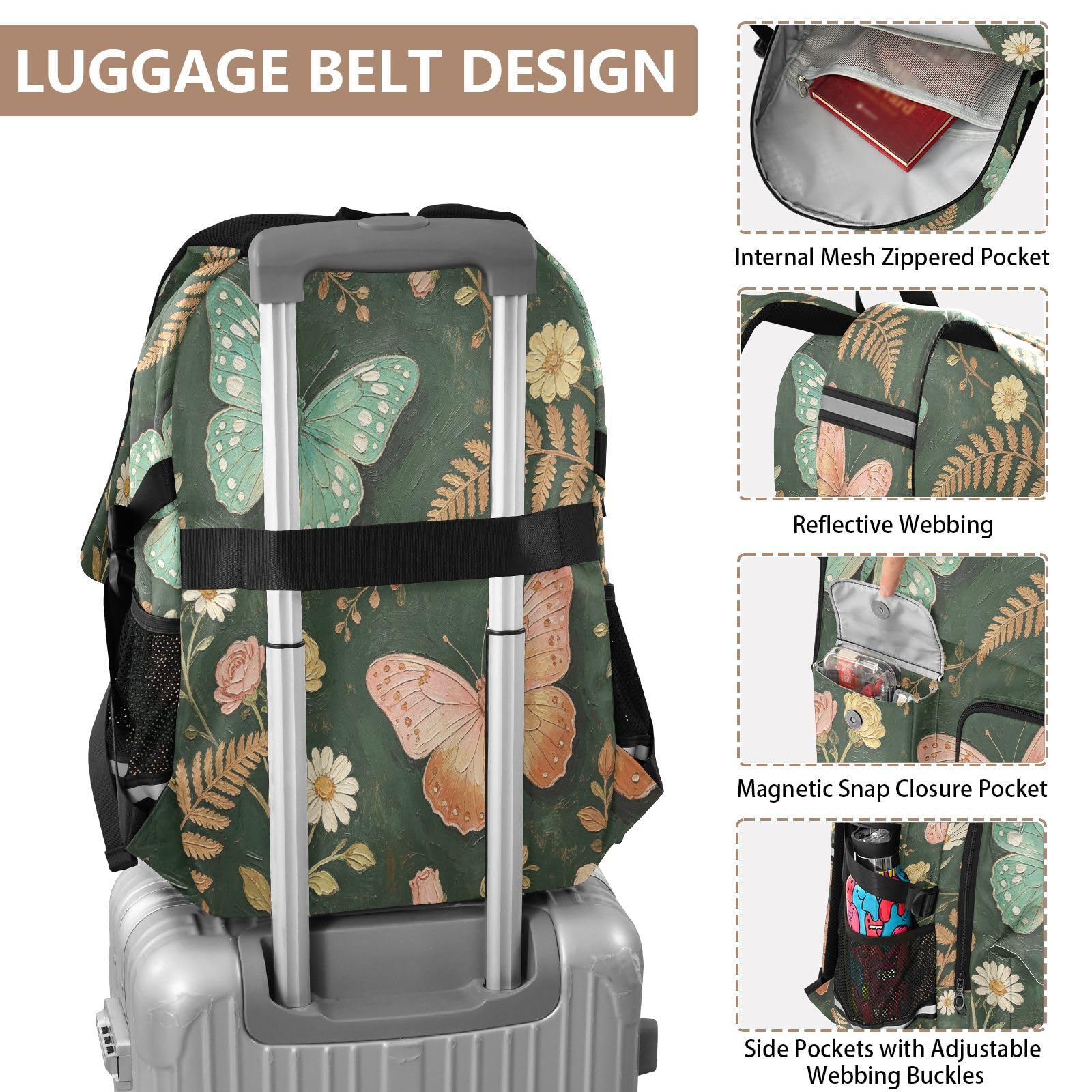 Countryside Butterfly Rucksack mit mehreren Taschen für Schule, Reisen, Outdoor, Uni, 17,5 Zoll Laptop-Rucksack für Damen und Herren