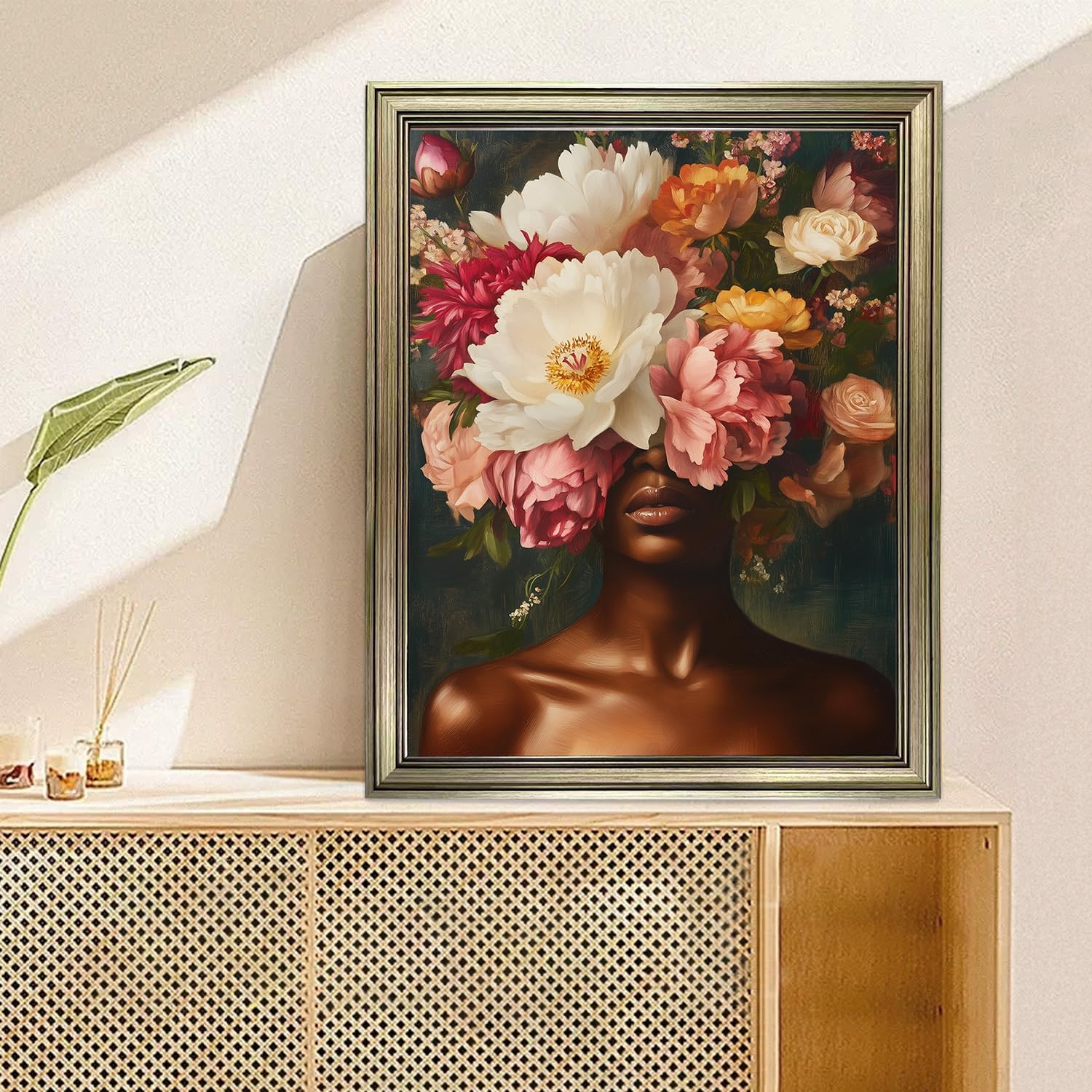 Vintage Framed Black Girl Wall Art Black Woman Portrait Oil Painting Modern Floral Blossom Canvas Print Artwork for Living Room Bedroom Wall Decor
