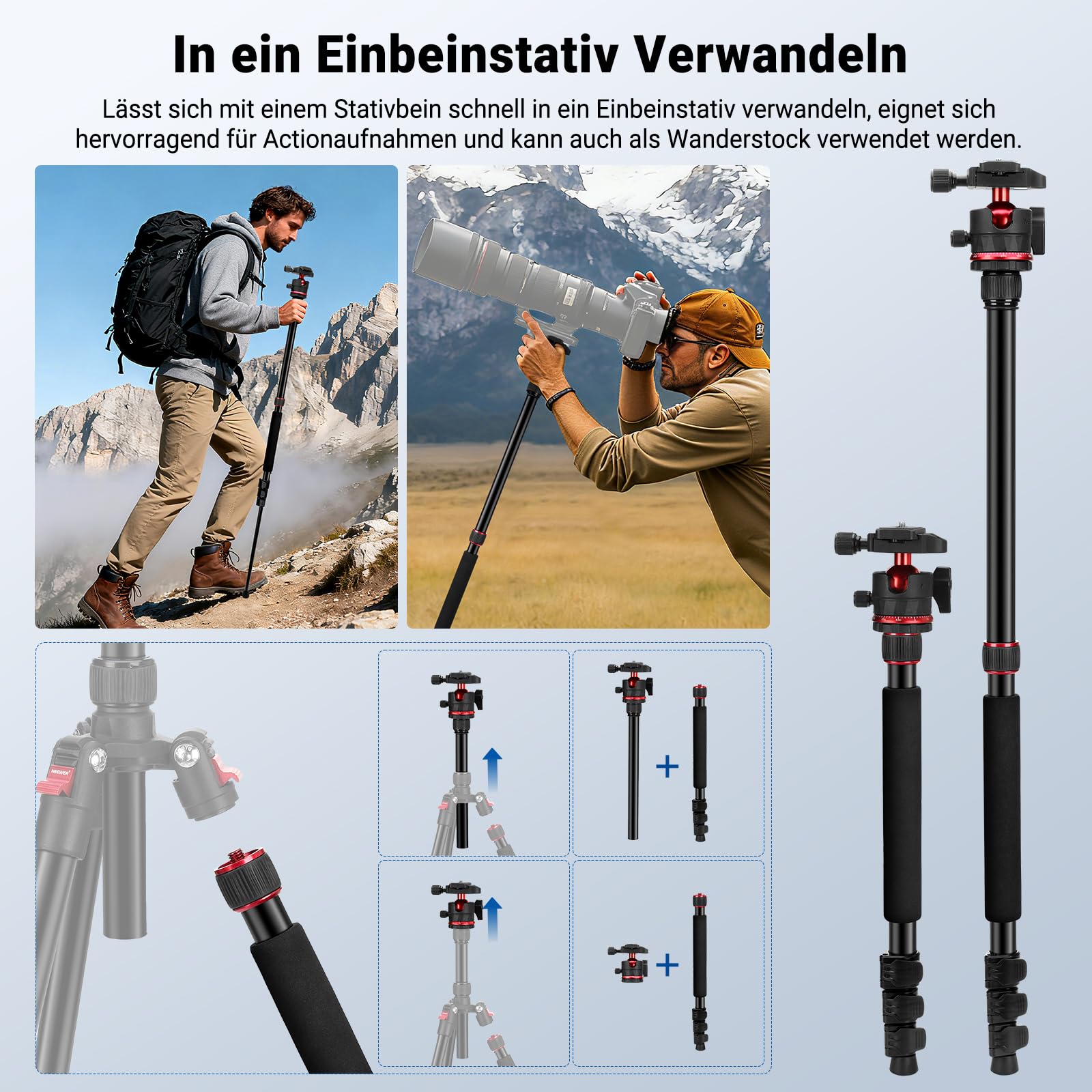 NEEWER Basics 72" / 182cm Reisestativ Einbeinstativ kompakter Leichter tragbarer Kamera Stativ Ständer für Aufnahmen, Arca Typ Kugelkopf, Handyhalterung kompatibel mit iPhone, max. Last 6kg, TP14B