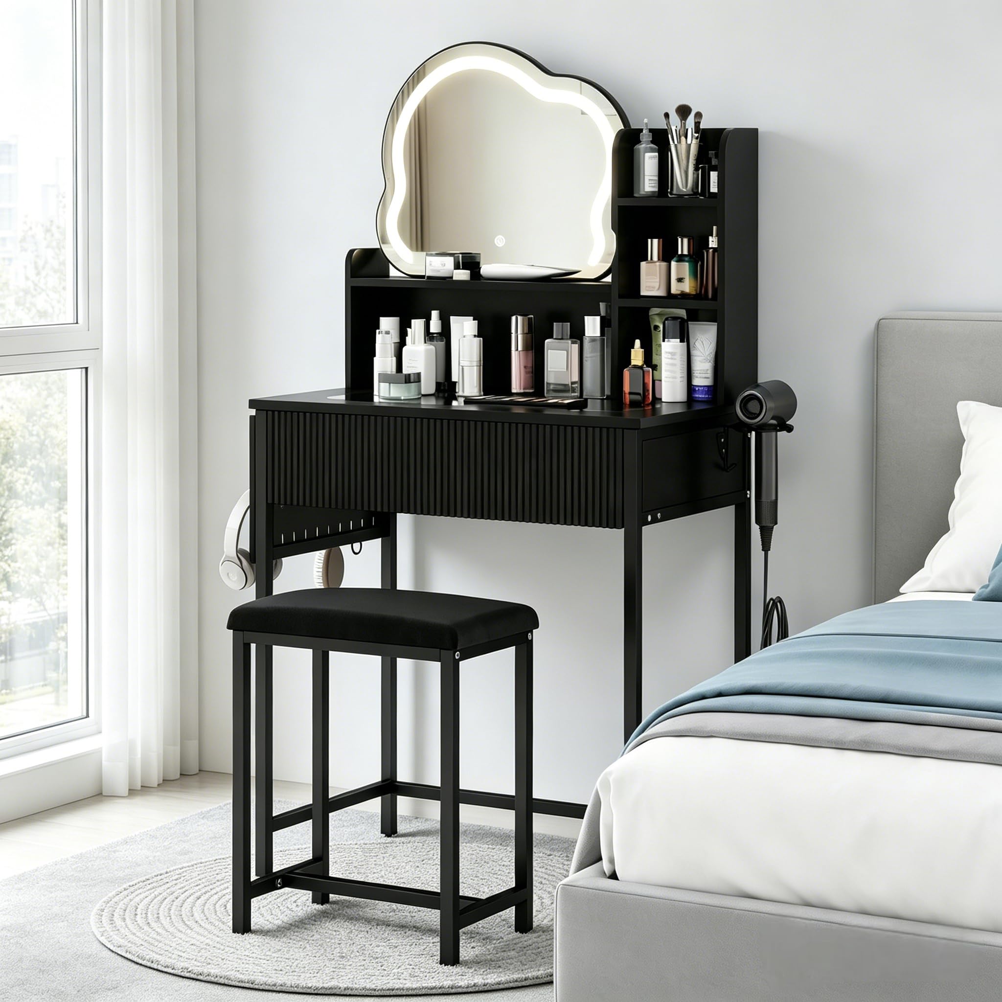 Dressing Table with Mirror and Stool, Vanity Desk with Drawer, Makeup Table with Cloud Mirror, 3 Light Colours, Adjustable Brightness, Visible Glass Top, Side Storage, 5 Hooks for bedroom, Black