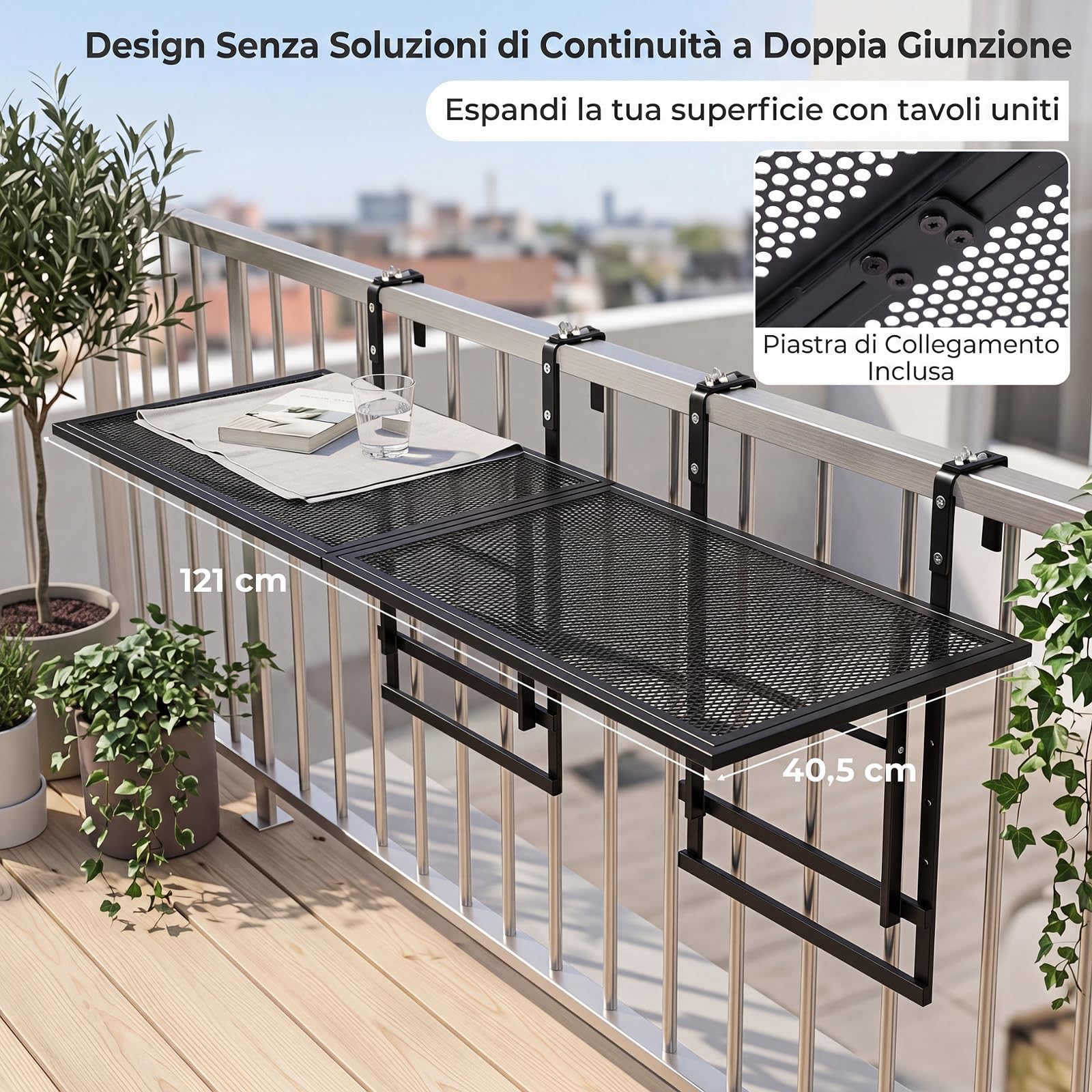 COSTWAY Set di 2 Tavolini Pieghevole da Balcone, 121 x 41 x 60-80 cm | Tavolino da Appendere per Ringhiera con Piano d'Appoggio Ampio, 5 Posizioni Altezza Regolabili, Tavolo Richiudibile