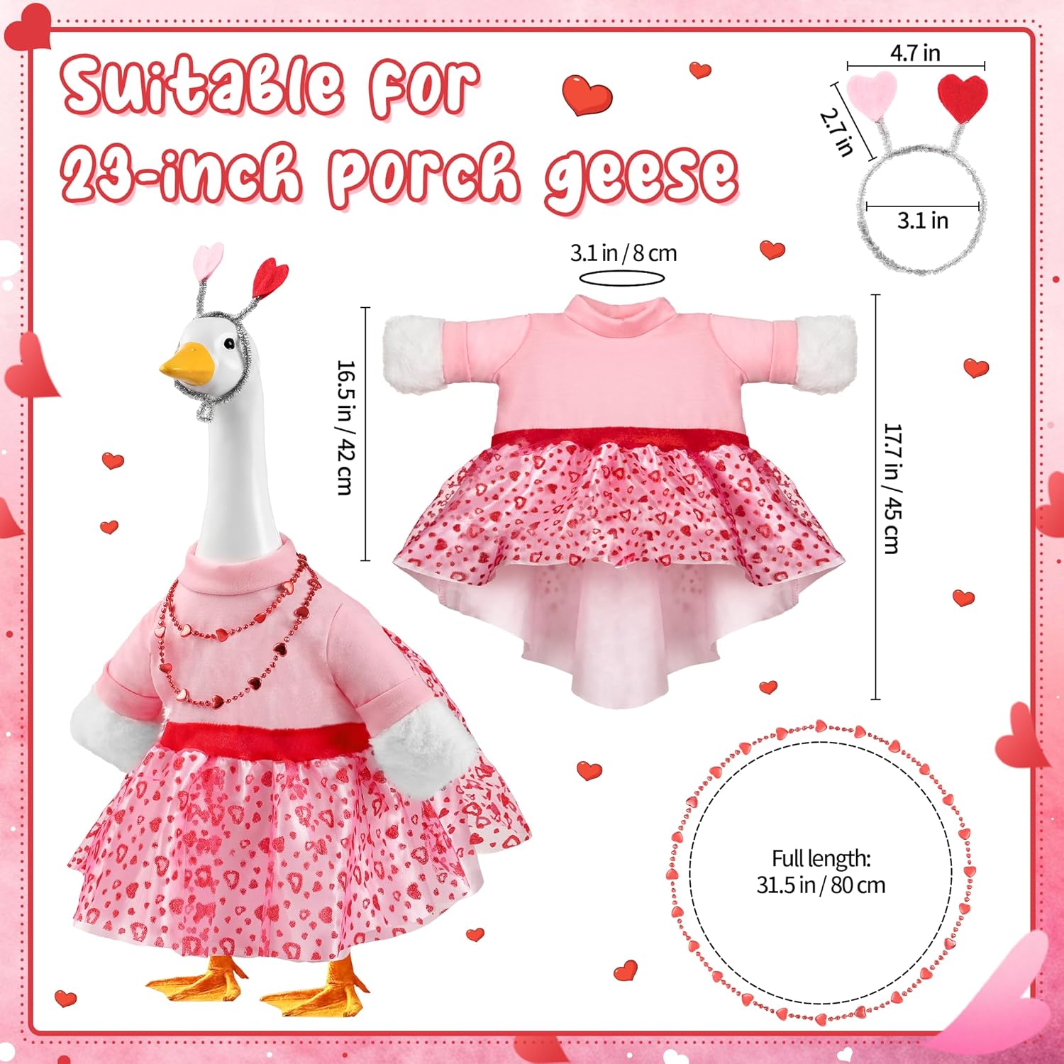 Valentine's Day Porch Goose Outfits, Valentine Heart Goose Outfit for 23'' Statue, Pink Red Goose